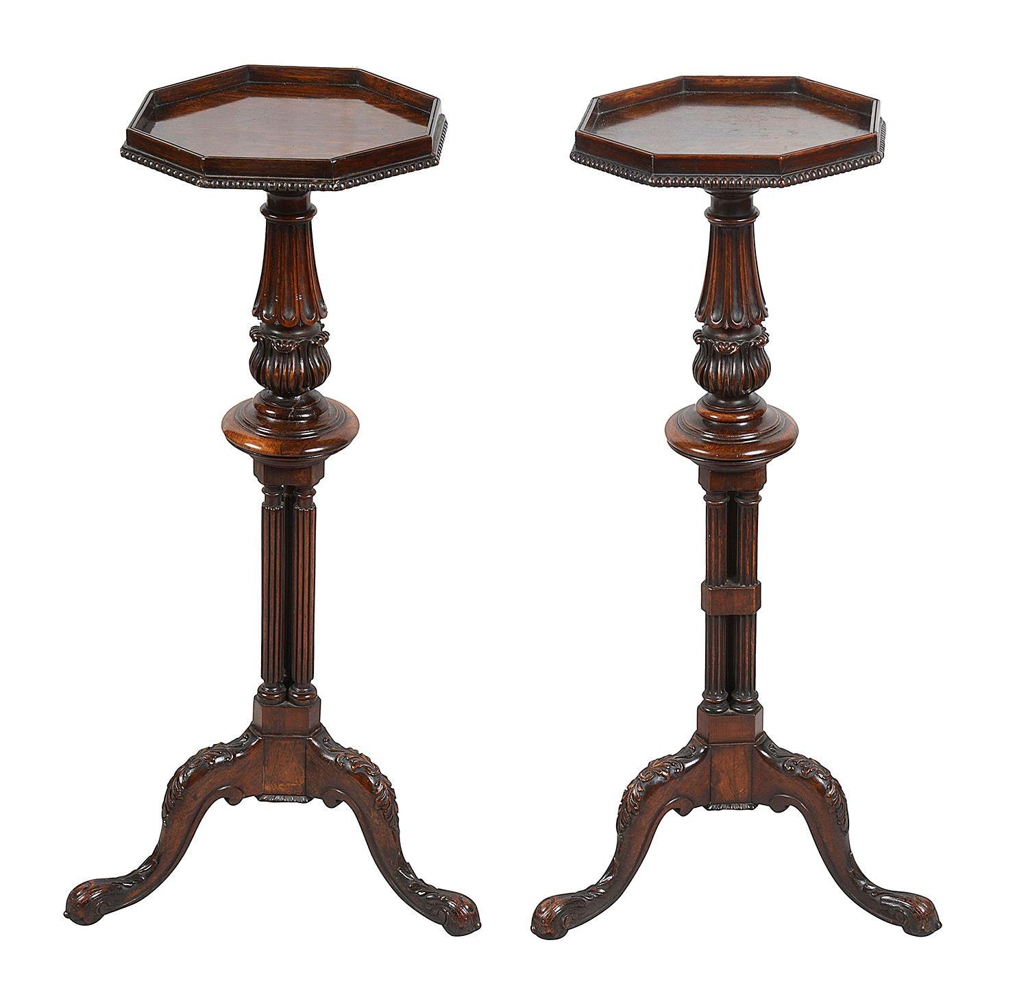 Pair late Regency period Rosewood side tables, each with a galleried hexagonal top, reeded and fluted turned, cluster columns, raised on carved tripod cabriole legs, terminating in scrolling carved feet.
Attributed to Gillow.

Batch 77 62724 SNYKZ