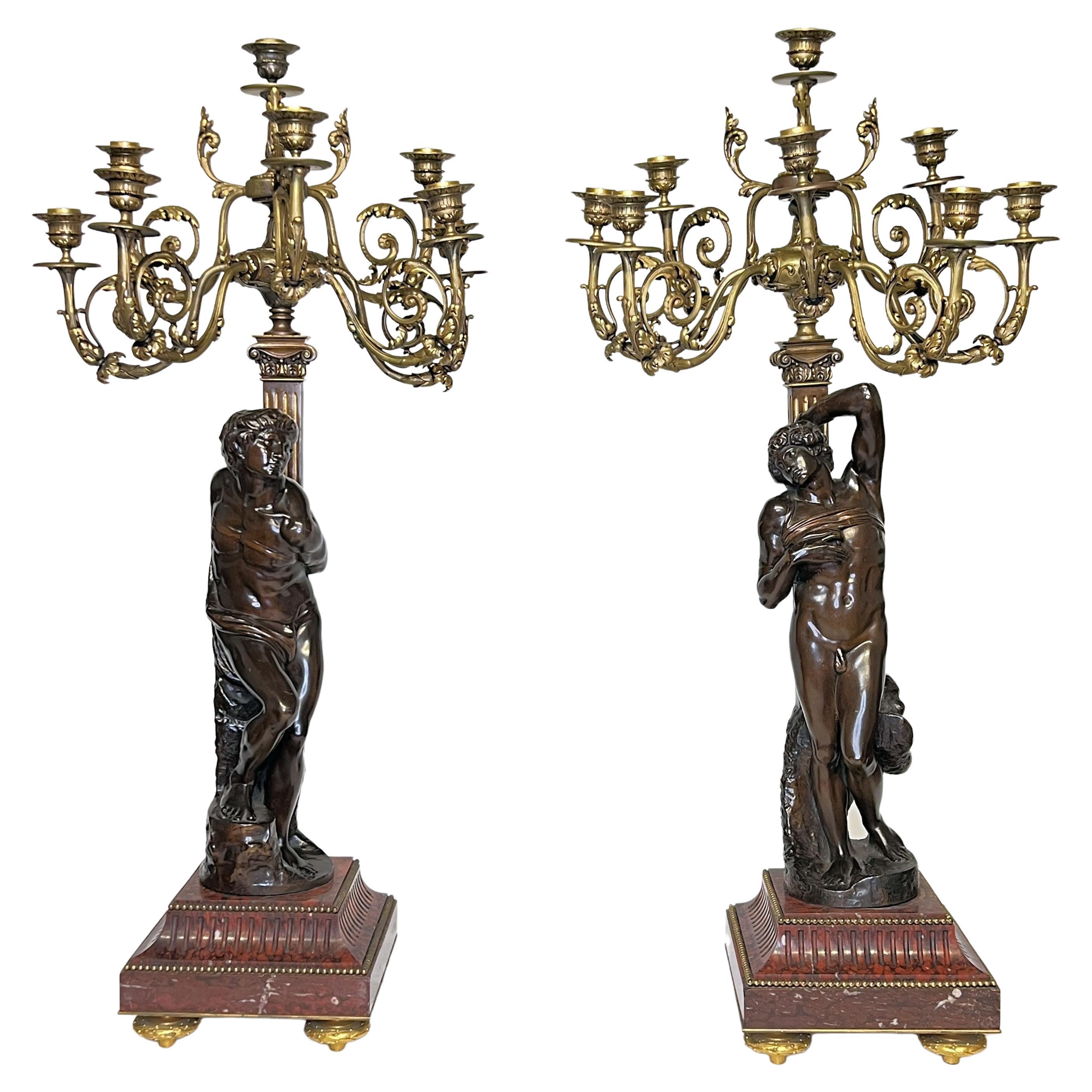 Pair Gilt and Patinated Bronze Candelabra from Barbedienne For Sale