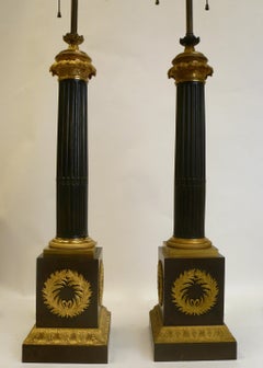 Pair of Gilt and Patinated Bronze French Empire Columnar Lamps