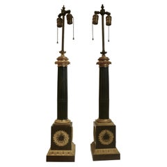 Pair of Gilt and Patinated Bronze French Empire Columnar Lamps