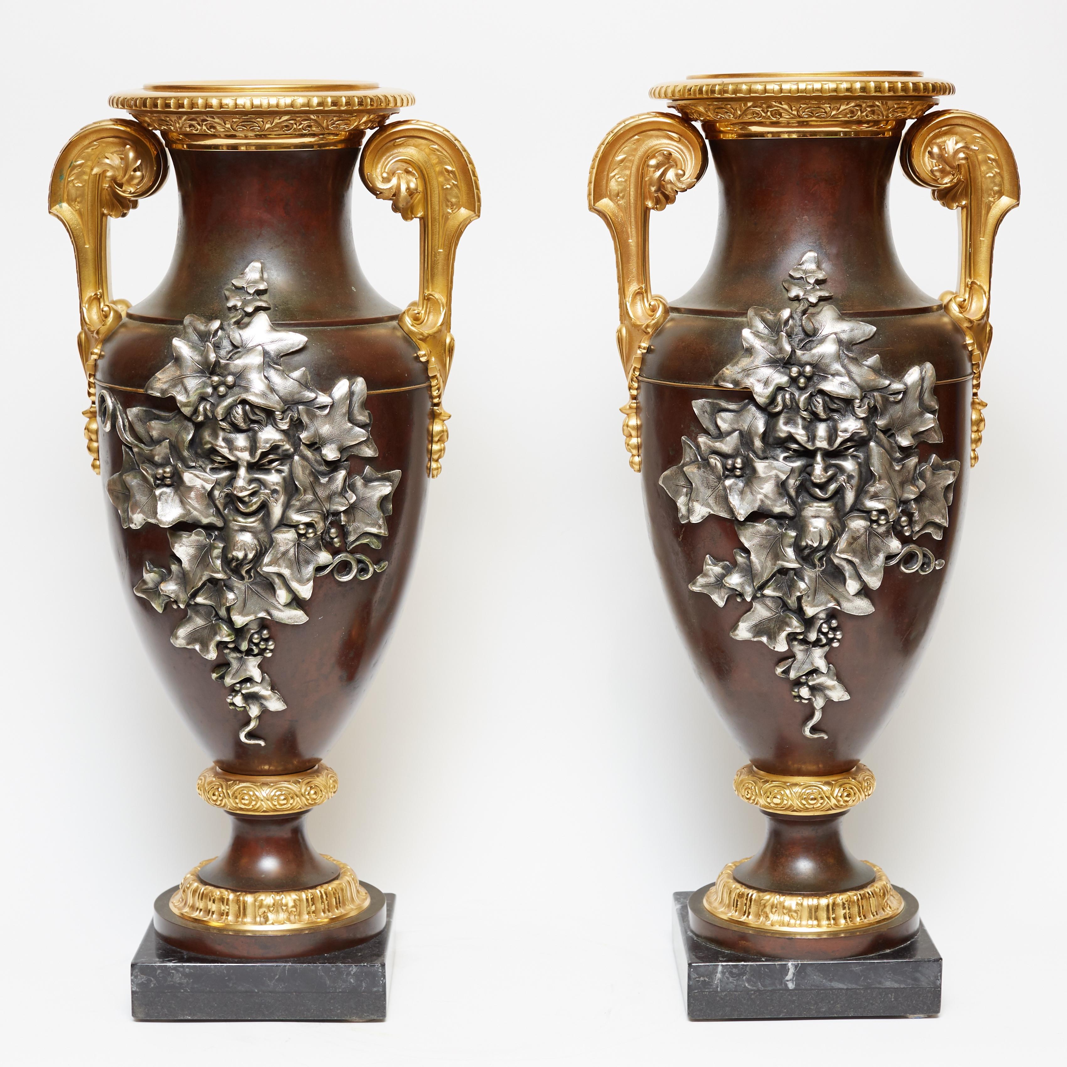 Classical Greek Pair Gilt and Patinated Bronze  Vases with Bacchanalian Silvered Masks