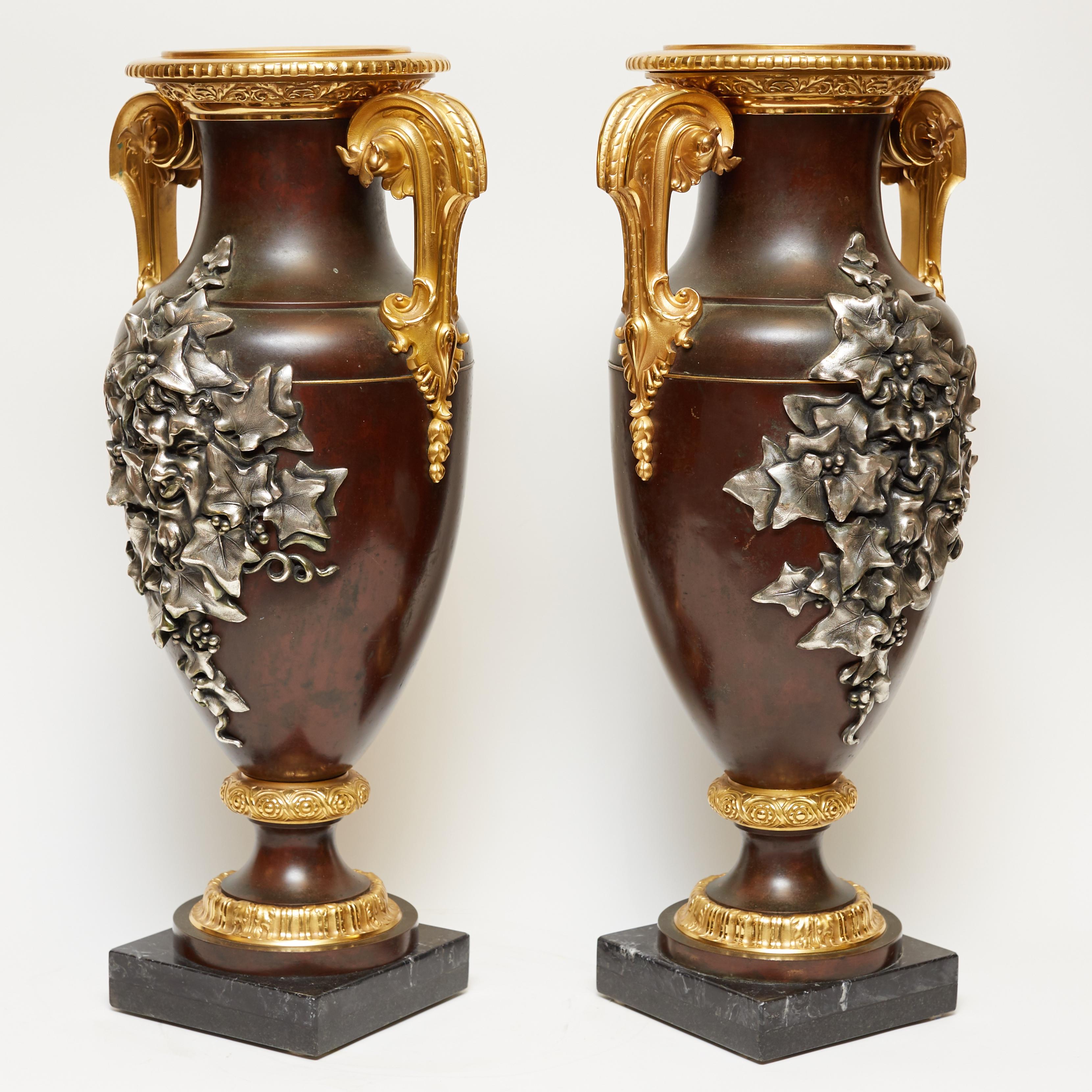 French Pair Gilt and Patinated Bronze  Vases with Bacchanalian Silvered Masks