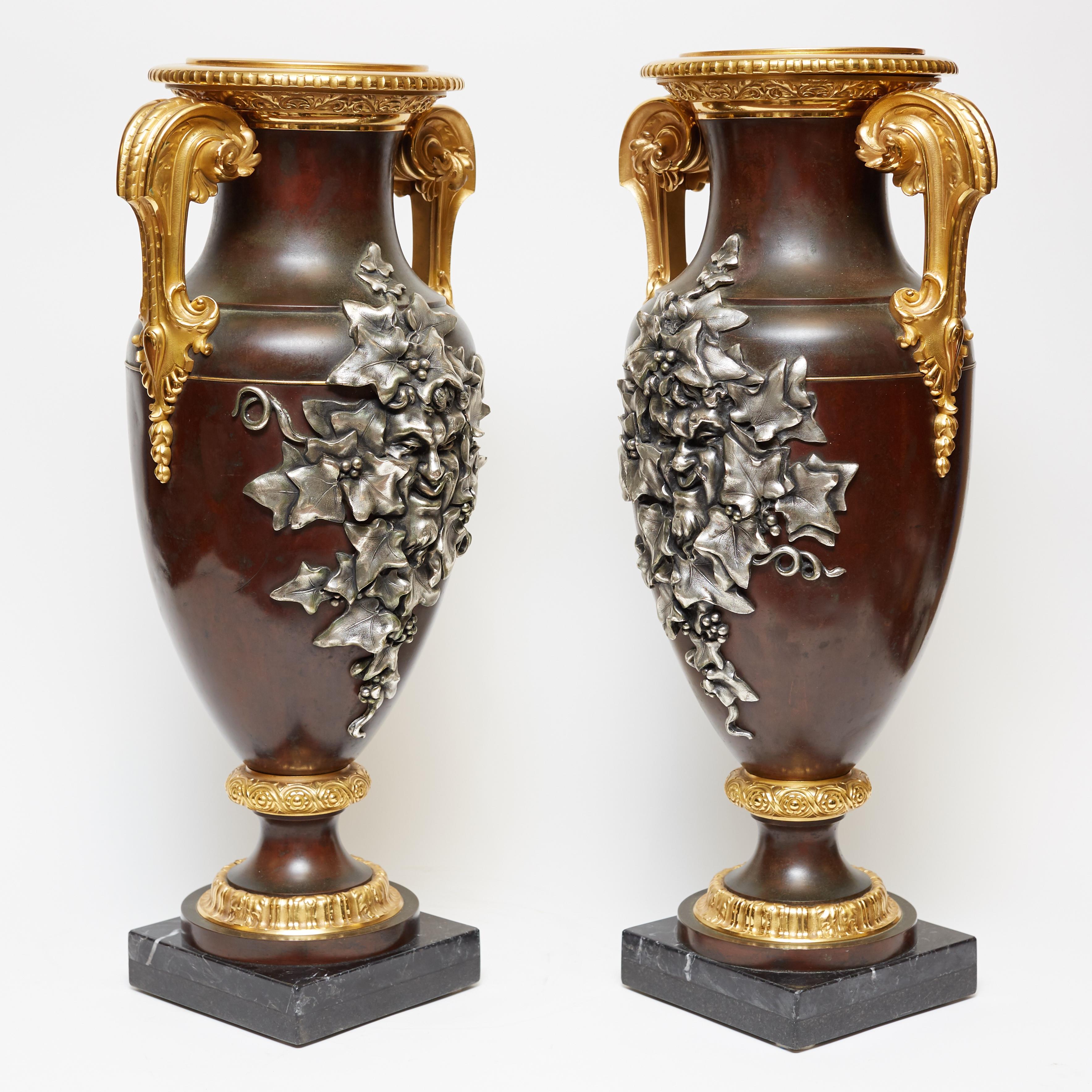 Pair Gilt and Patinated Bronze  Vases with Bacchanalian Silvered Masks In Good Condition In New York, NY