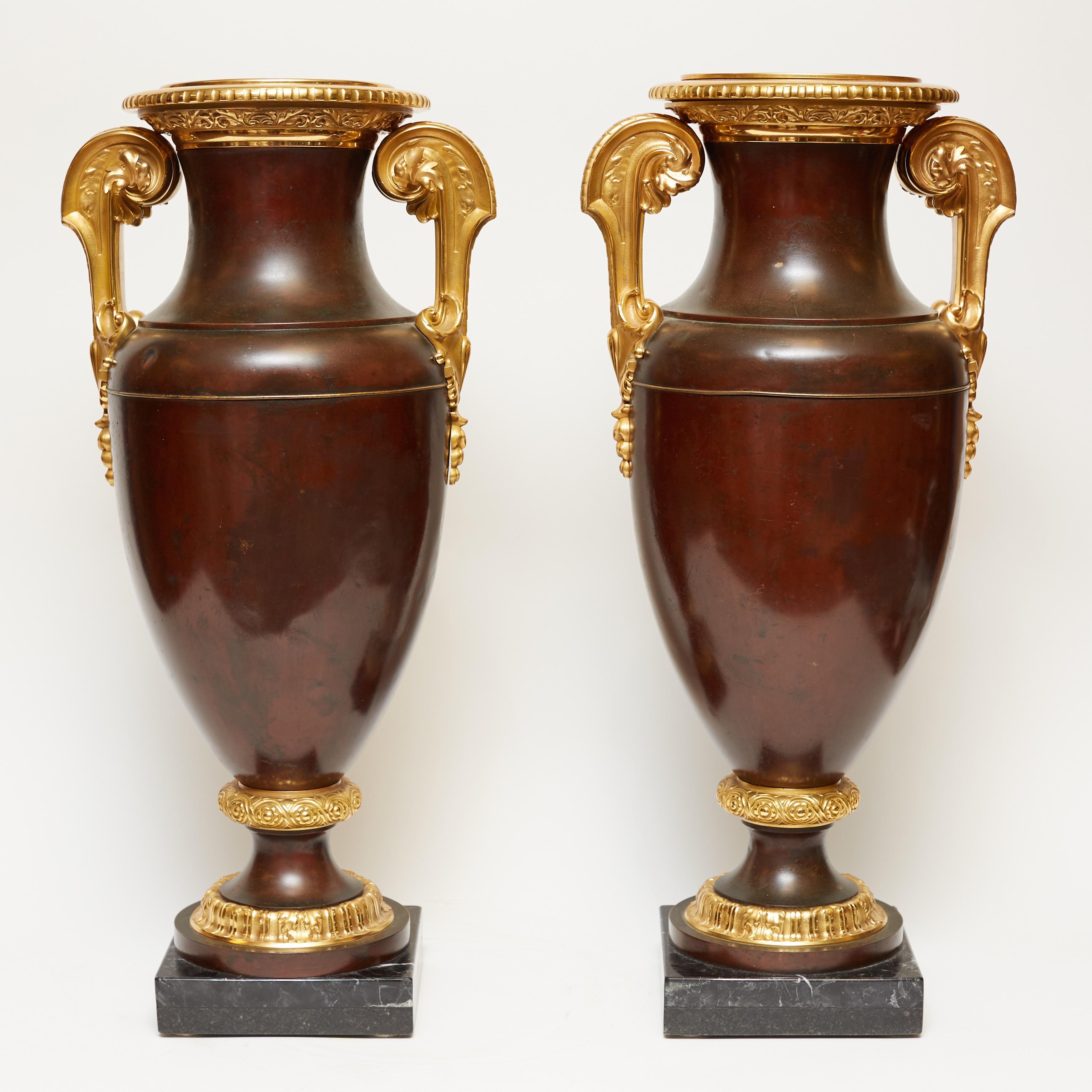 19th Century Pair Gilt and Patinated Bronze  Vases with Bacchanalian Silvered Masks
