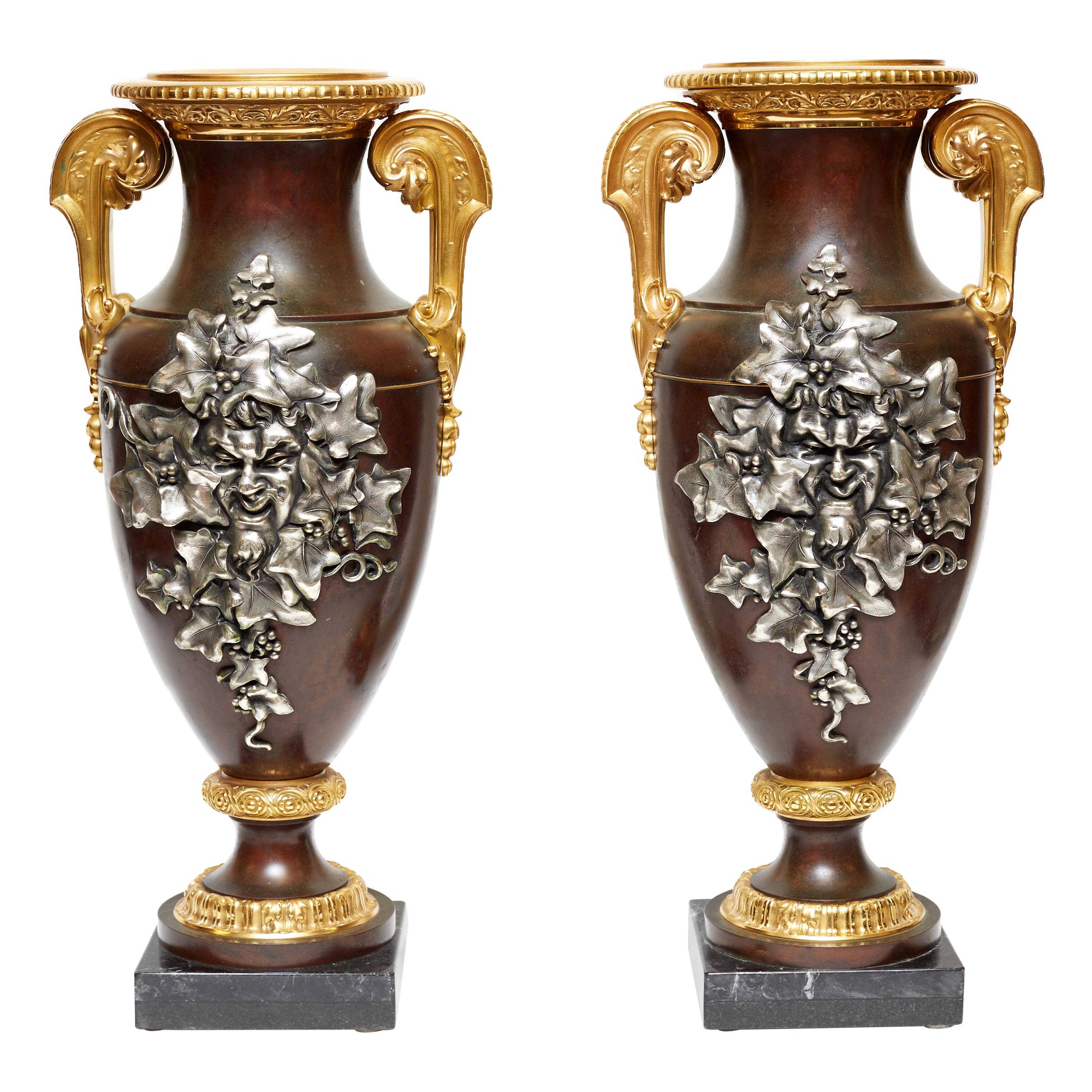 Pair Gilt and Patinated Bronze  Vases with Bacchanalian Silvered Masks