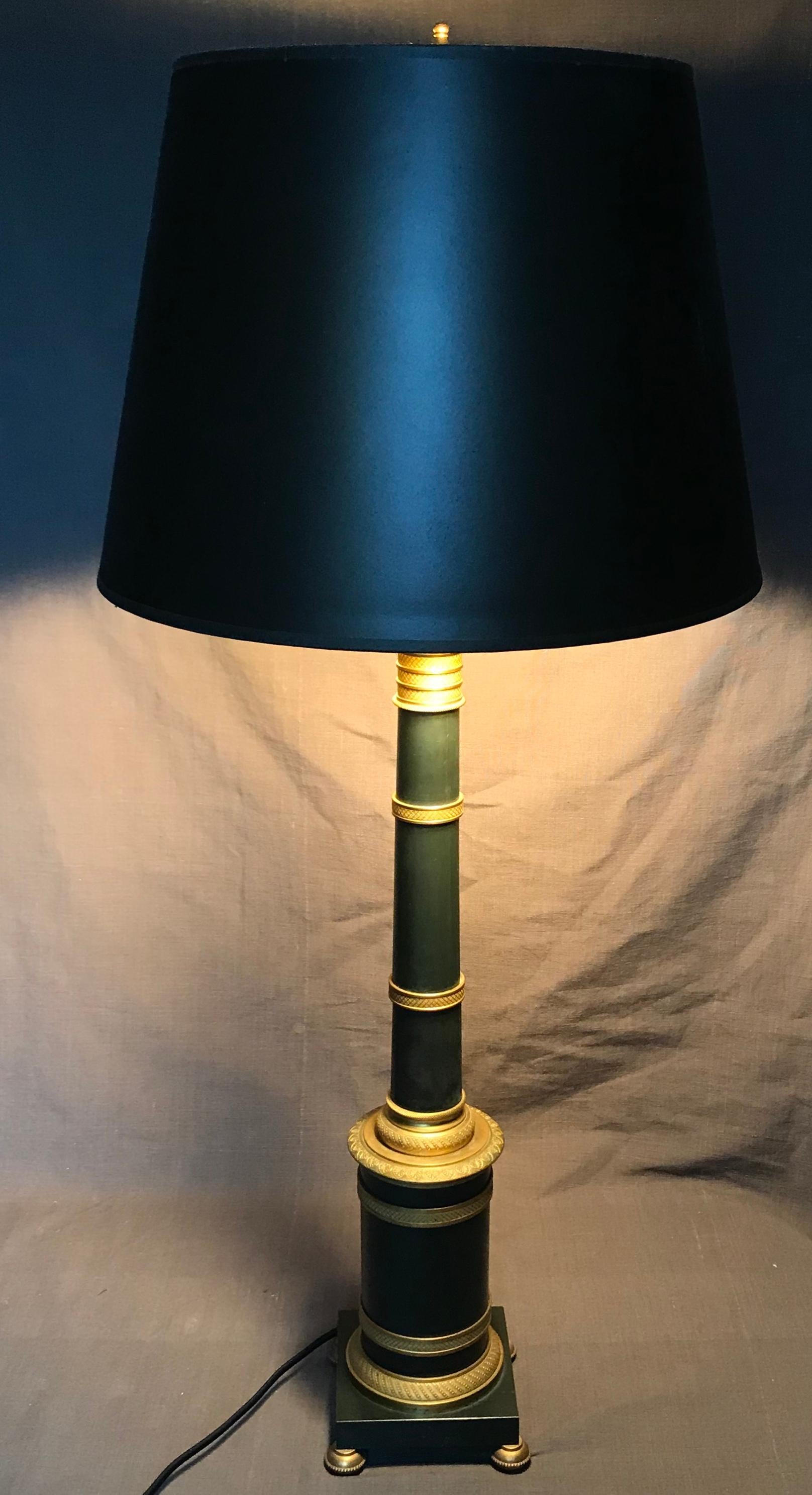 French Pair of Gilt and Patinated Metal Banded Column Lamps