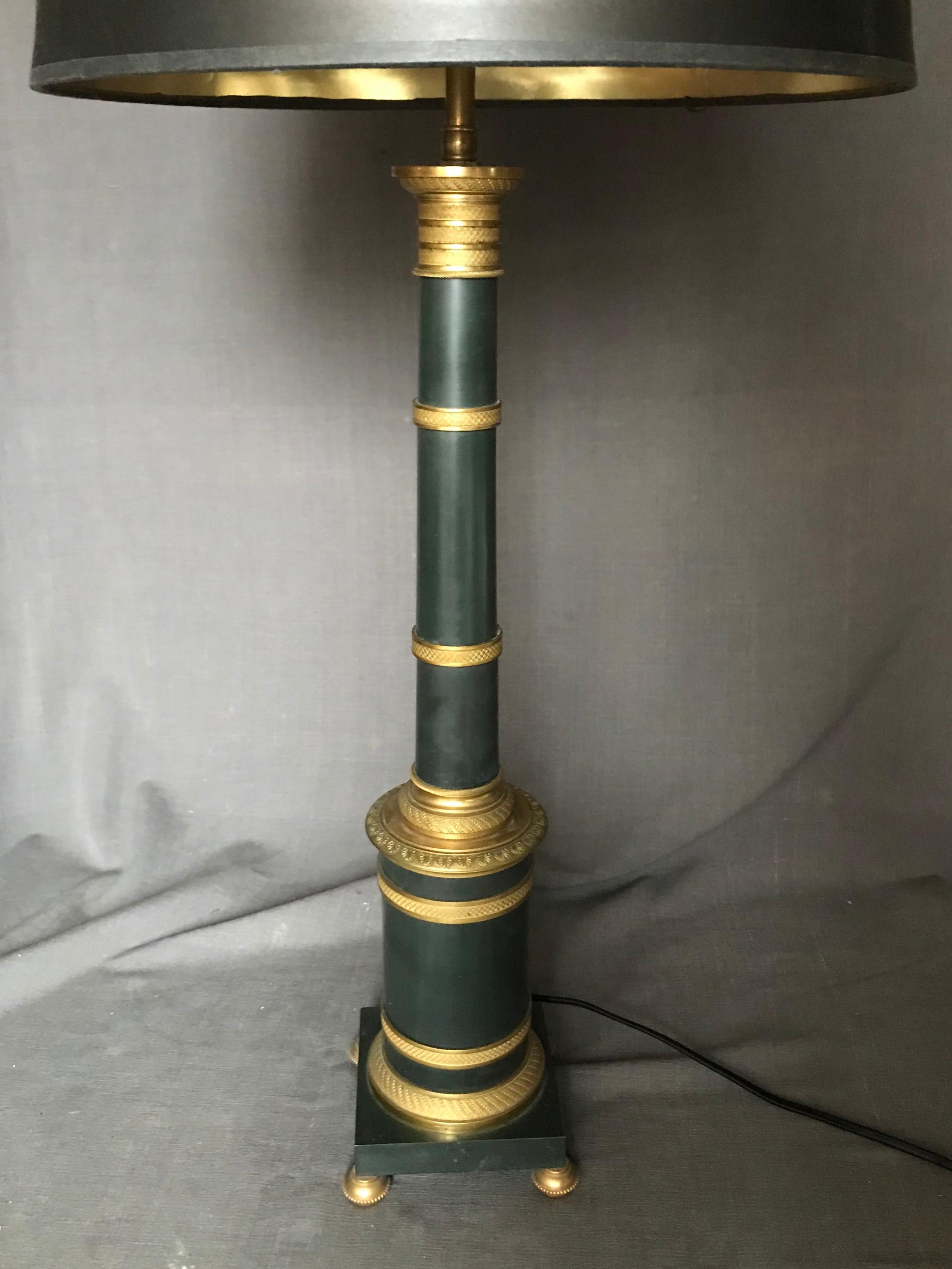 Pair of Gilt and Patinated Metal Banded Column Lamps In Good Condition In New York, NY