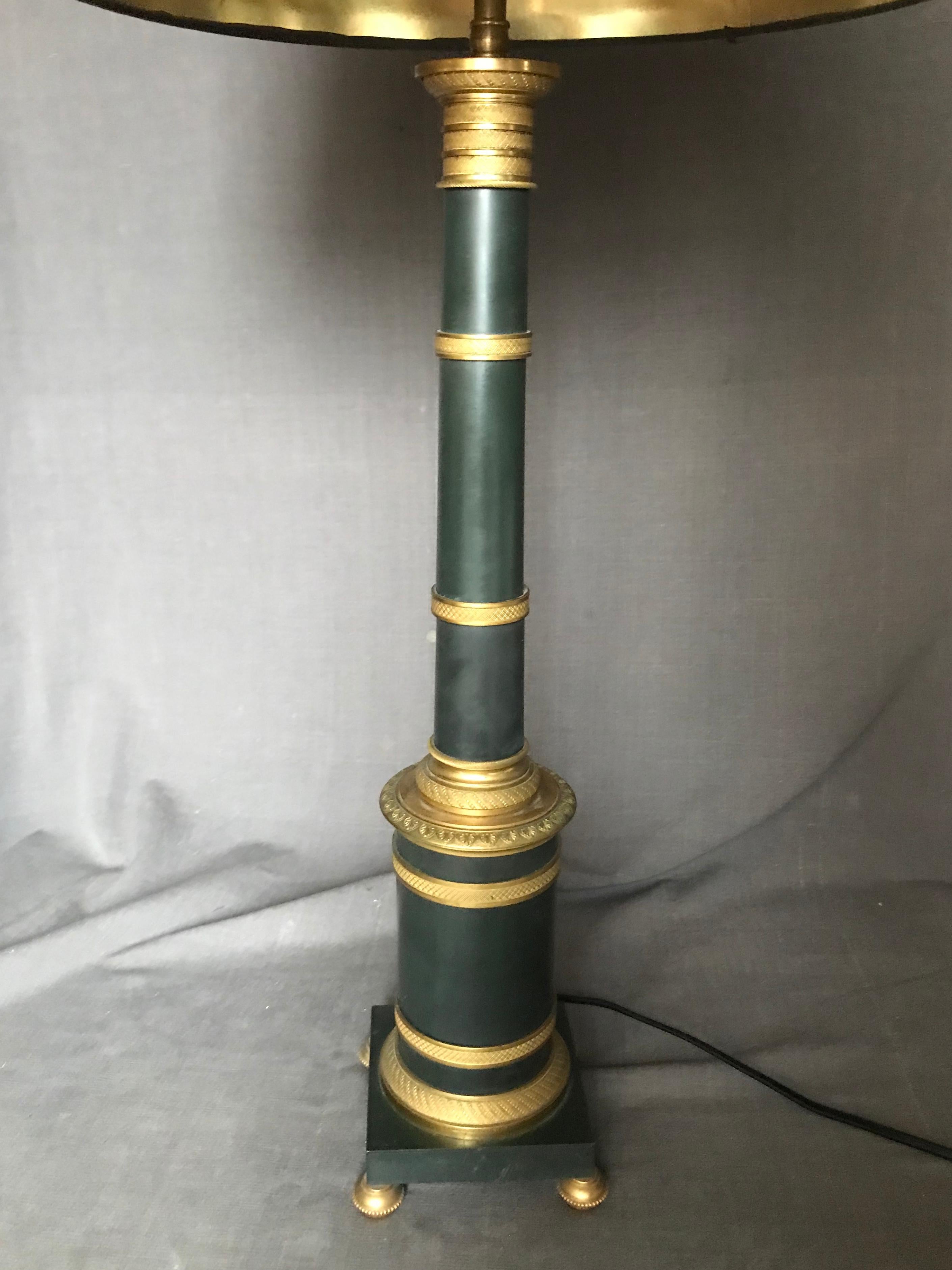 20th Century Pair of Gilt and Patinated Metal Banded Column Lamps