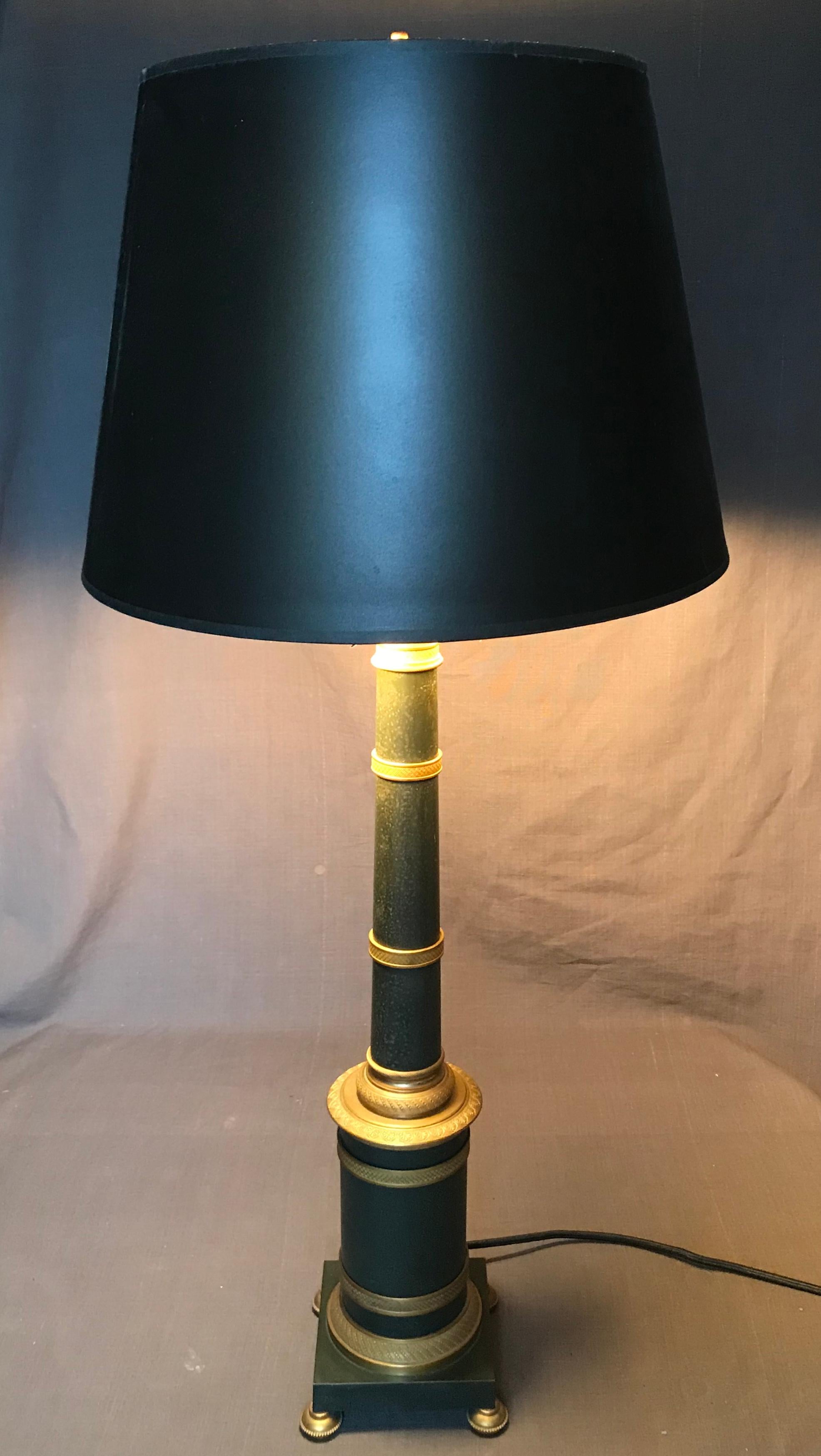 Pair of Gilt and Patinated Metal Banded Column Lamps 1