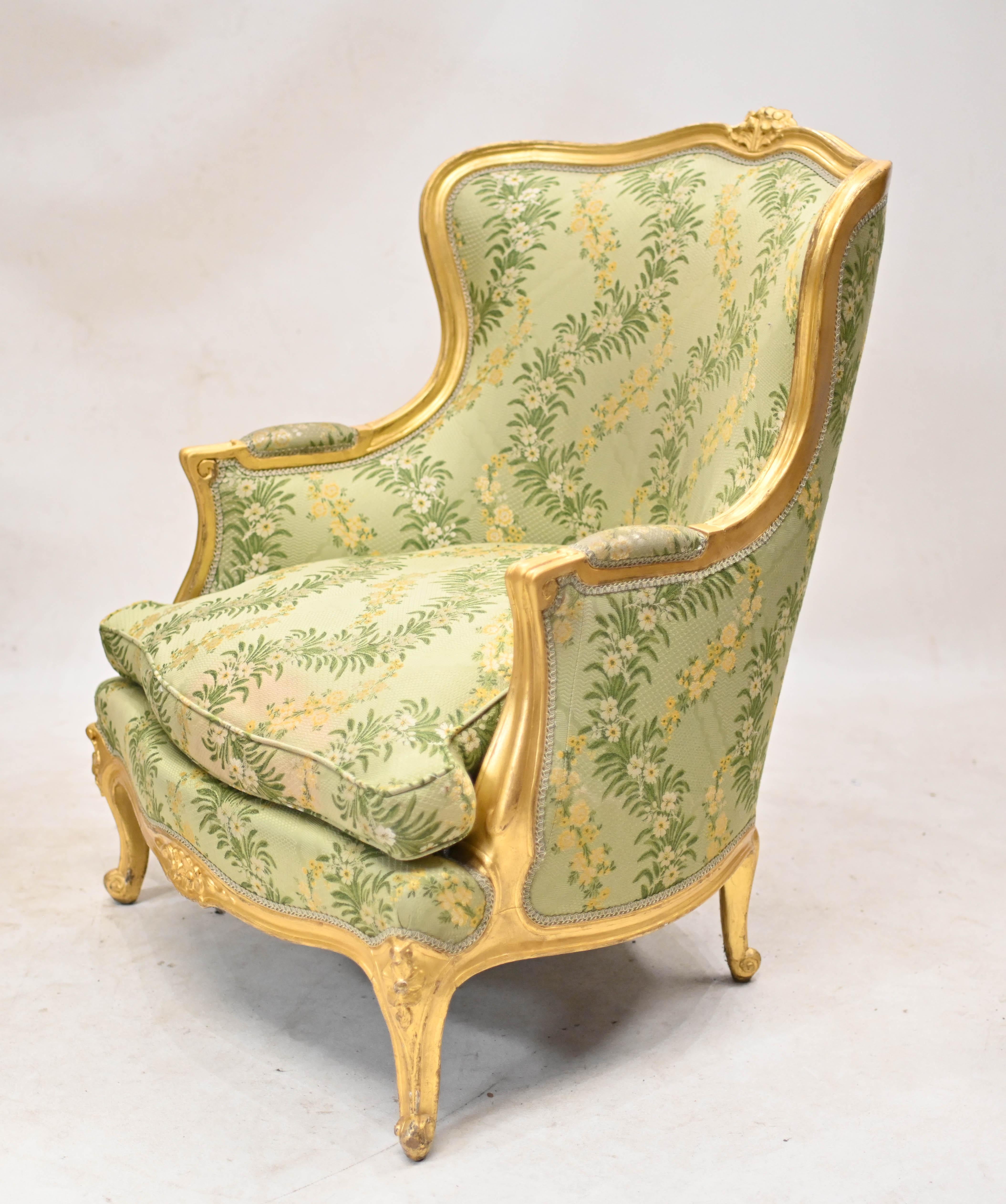 Gorgeous pair of French gilt arm chairs
Classic pair of fauteuils with a tub design
Just reupholstered with lovely green floral fabric
Clean from previous owners smells such as pets and smoke (as new upholstery)
Great interiors pair
Very comfortable