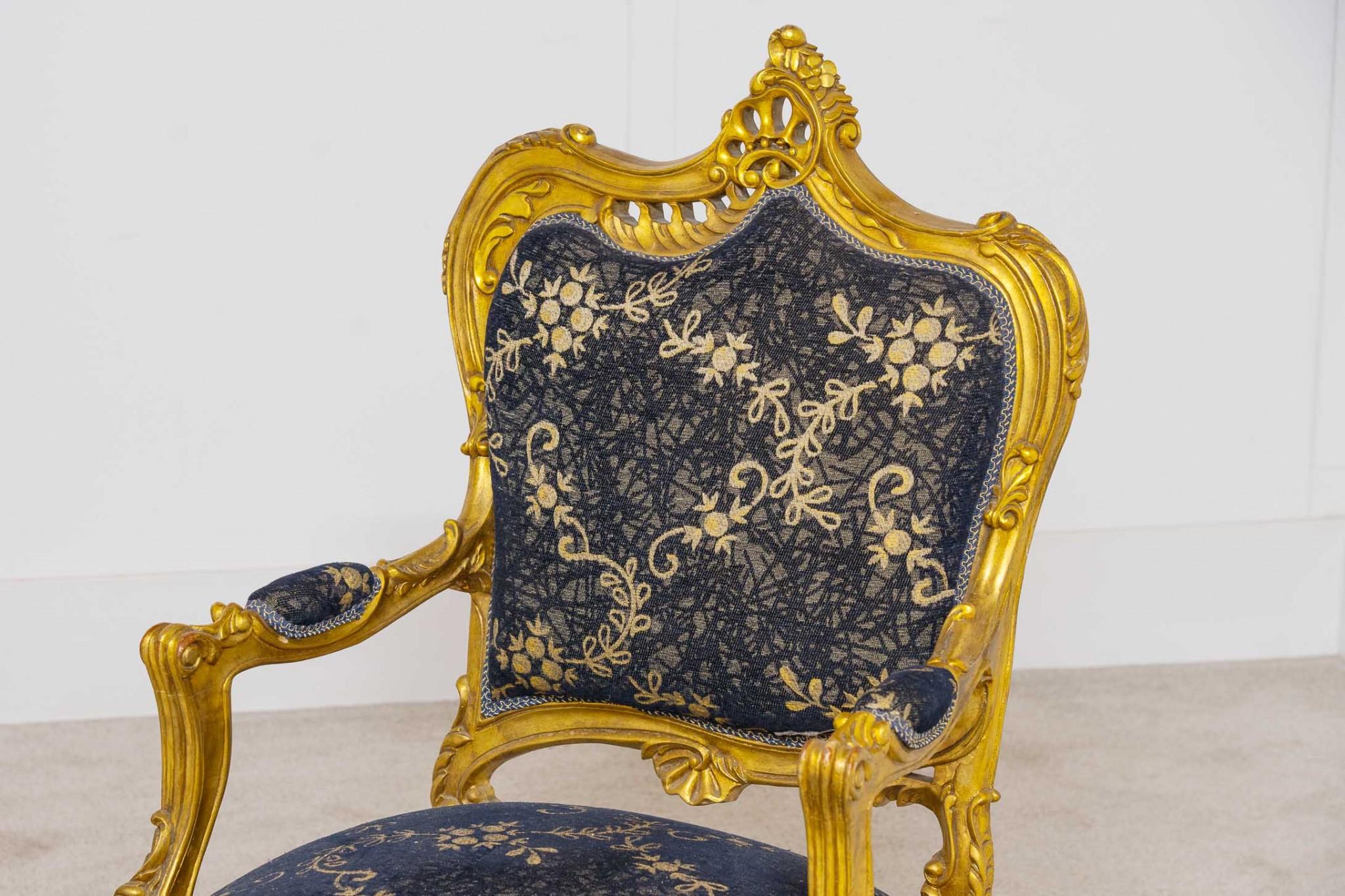 Early 20th Century Pair Gilt Arm Chairs French Rococo Carved For Sale