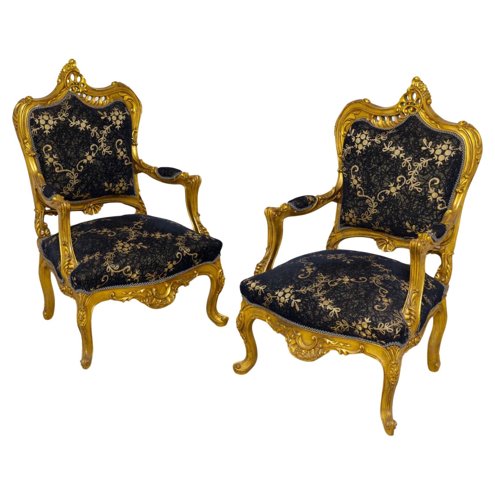 Pair Gilt Arm Chairs French Rococo Carved