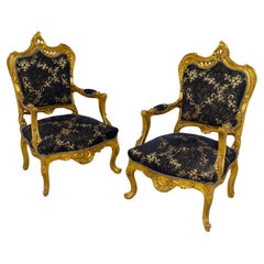 Pair Gilt Arm Chairs French Rococo Carved
