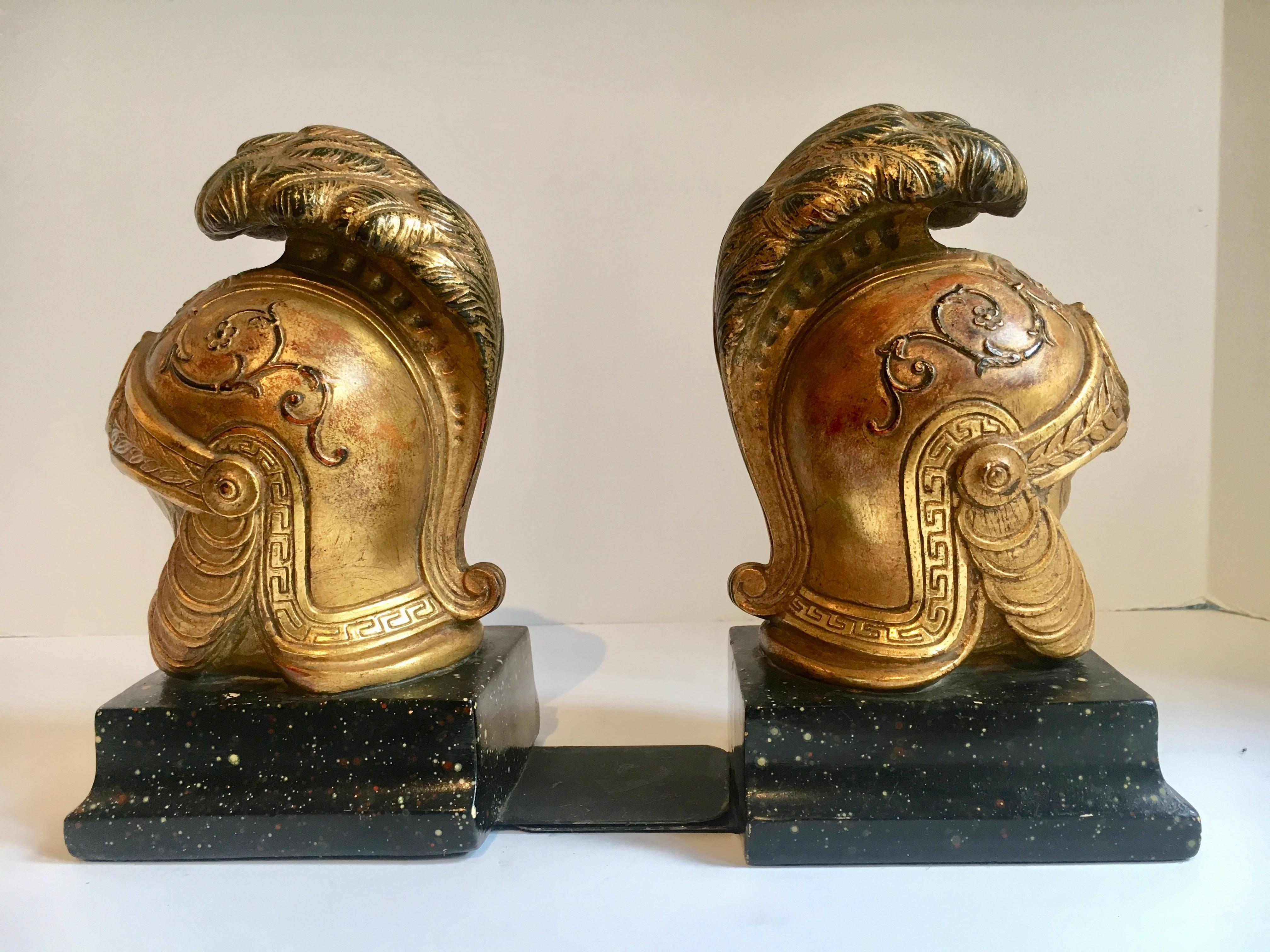 Pair of gilt Borghese gilt roman helmet bookends - perfect for any room.