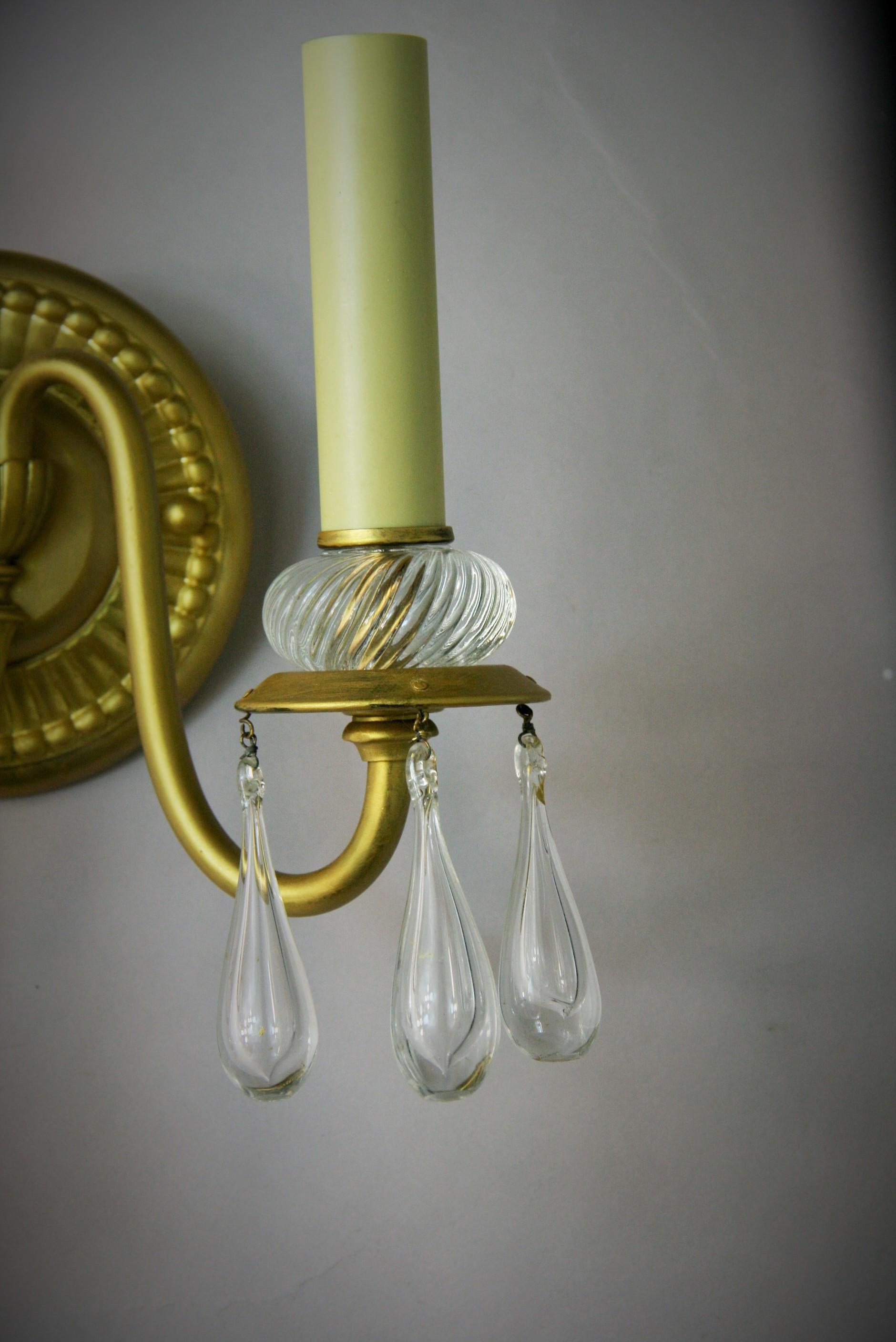 8-204 pair of gilt brass and handmade Murano tear drop glass.
Take 60 watt max candelabra bulbs
Rewired.