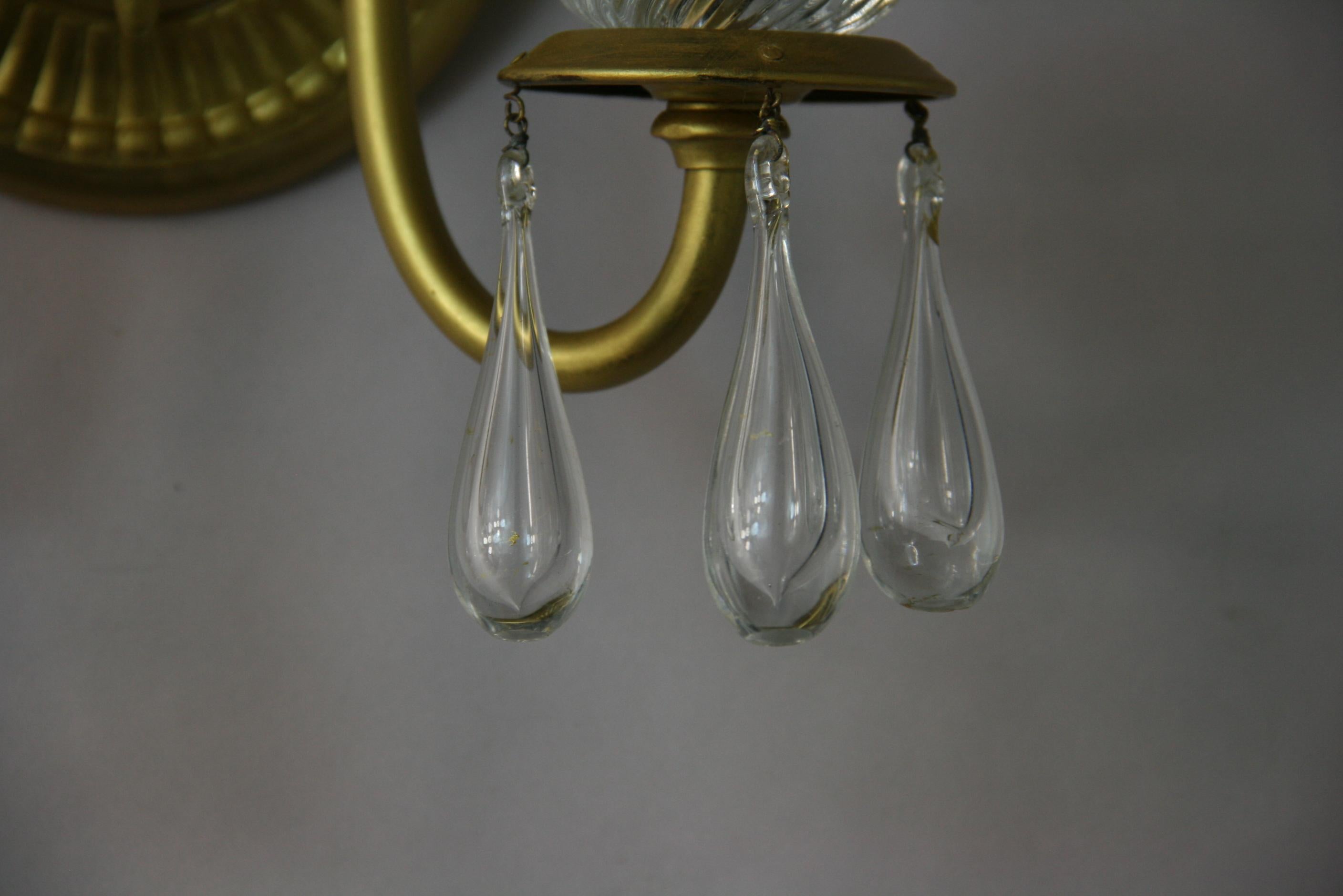 Pair  Mid Century  Gilt Brass and Murano Teardrop Sconces In Good Condition In Douglas Manor, NY