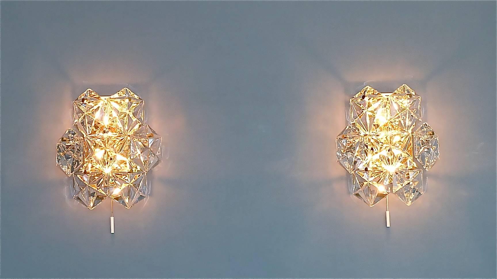 Pair of Gilt Brass Metal Faceted Crystal Glass Sconces Wall Lights Kinkeldey For Sale 4