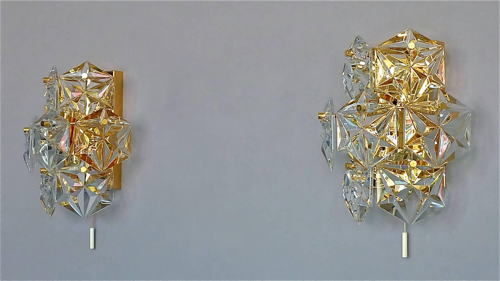 Pair of Gilt Brass Metal Faceted Crystal Glass Sconces Wall Lights Kinkeldey For Sale 1