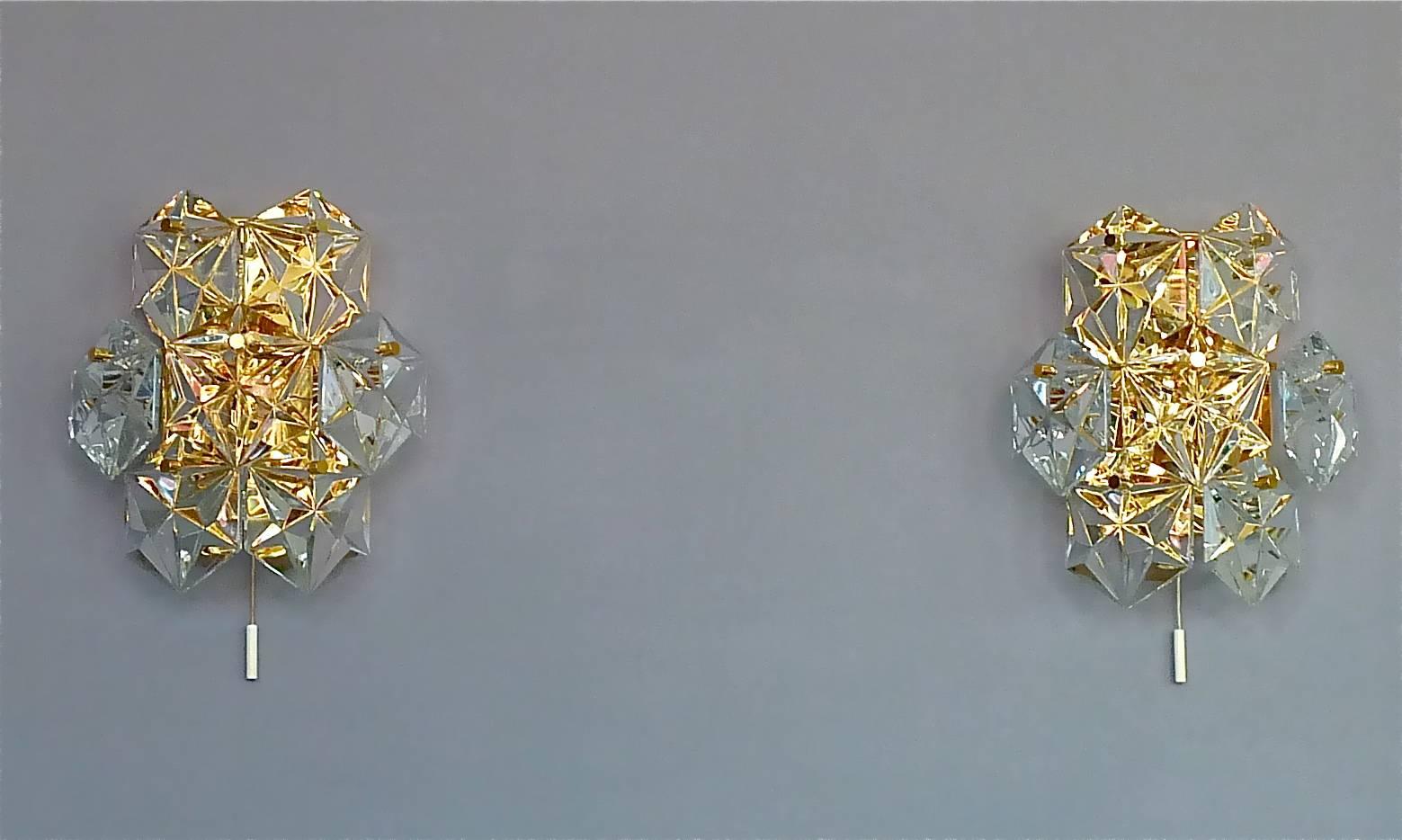 Pair Kinkeldey Wall Lights Sconces Gilt Brass Metal Faceted Crystal Glass, 1970s For Sale 2