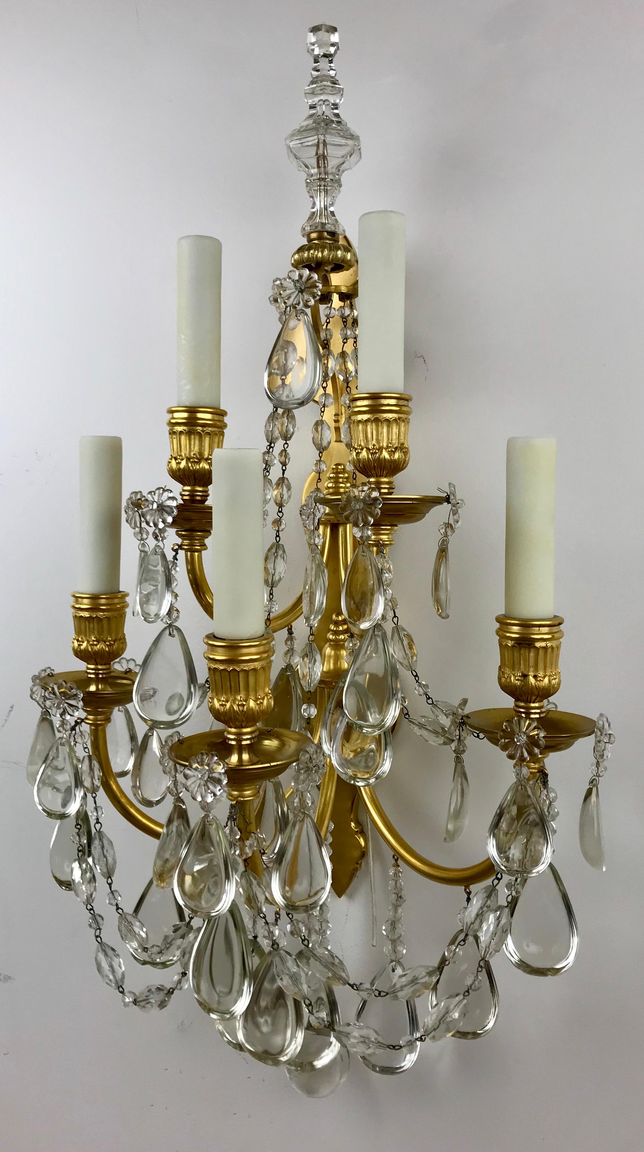 Pair Gilt Bronze and Crystal Five Light Sconces by E. F. Caldwell For Sale 6