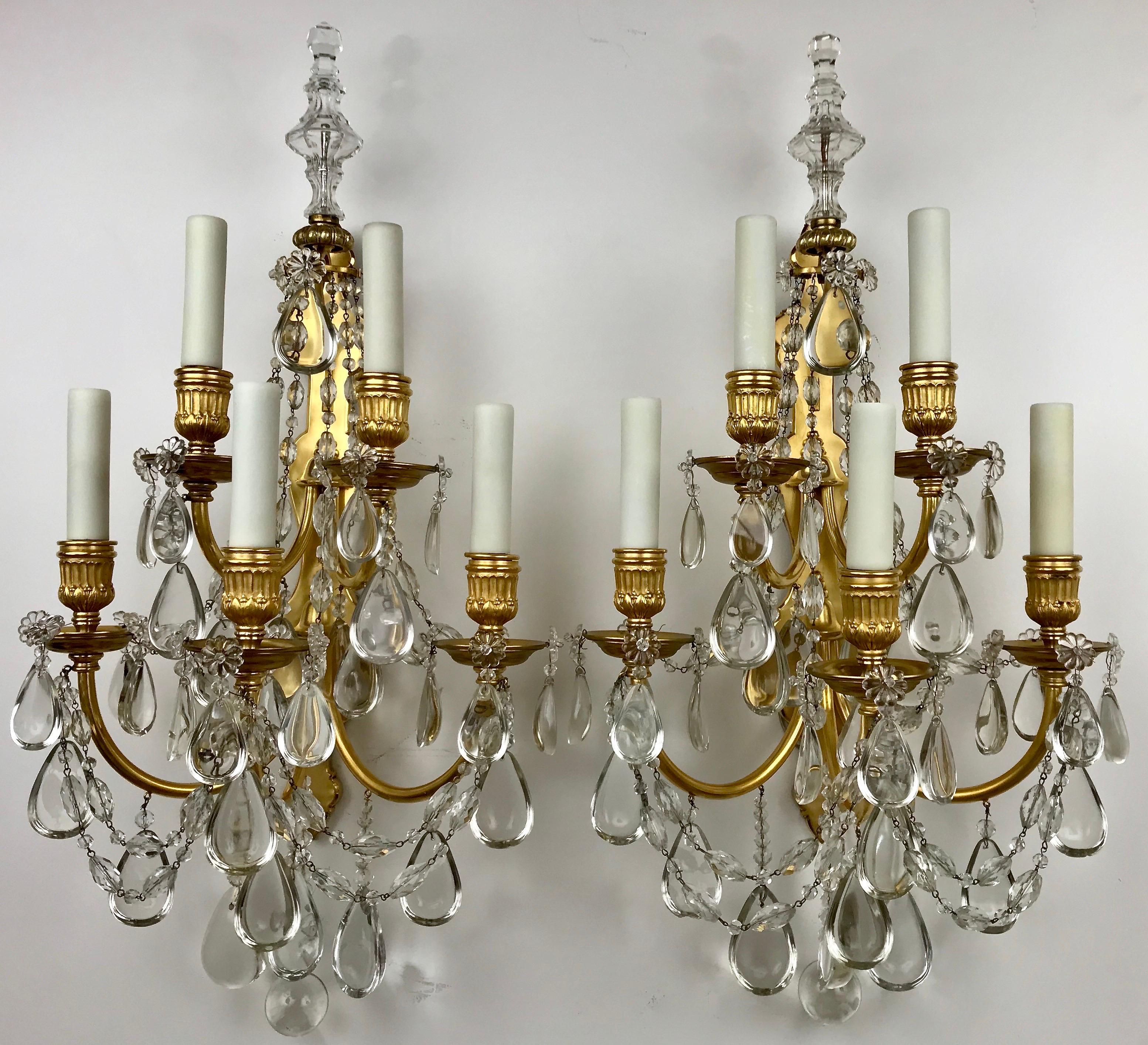 Pair Gilt Bronze and Crystal Five Light Sconces by E. F. Caldwell For Sale 7