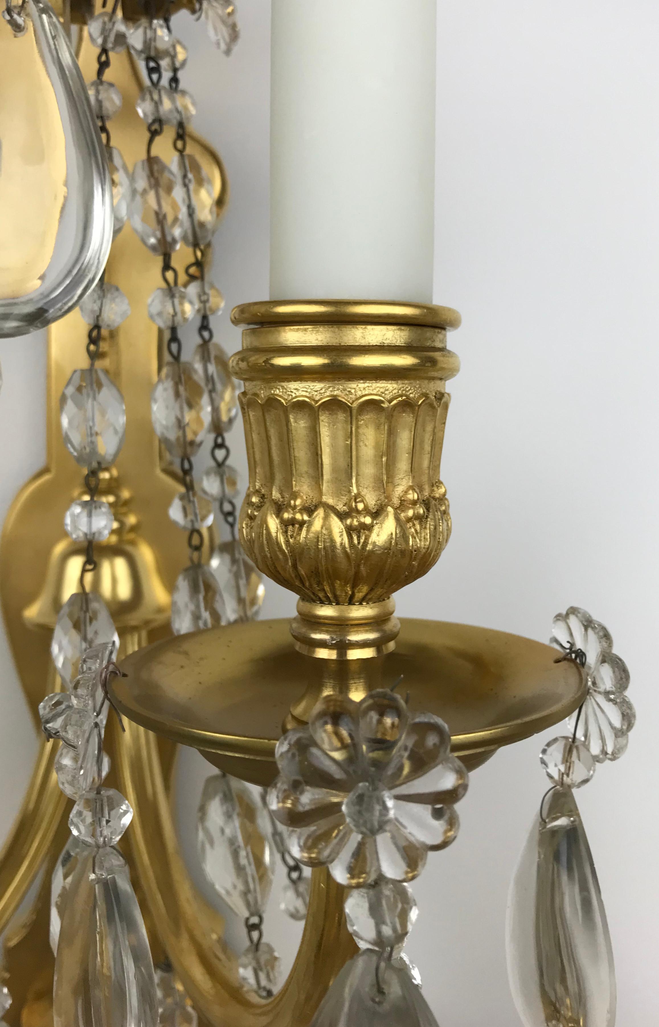 American Pair Gilt Bronze and Crystal Five Light Sconces by E. F. Caldwell For Sale