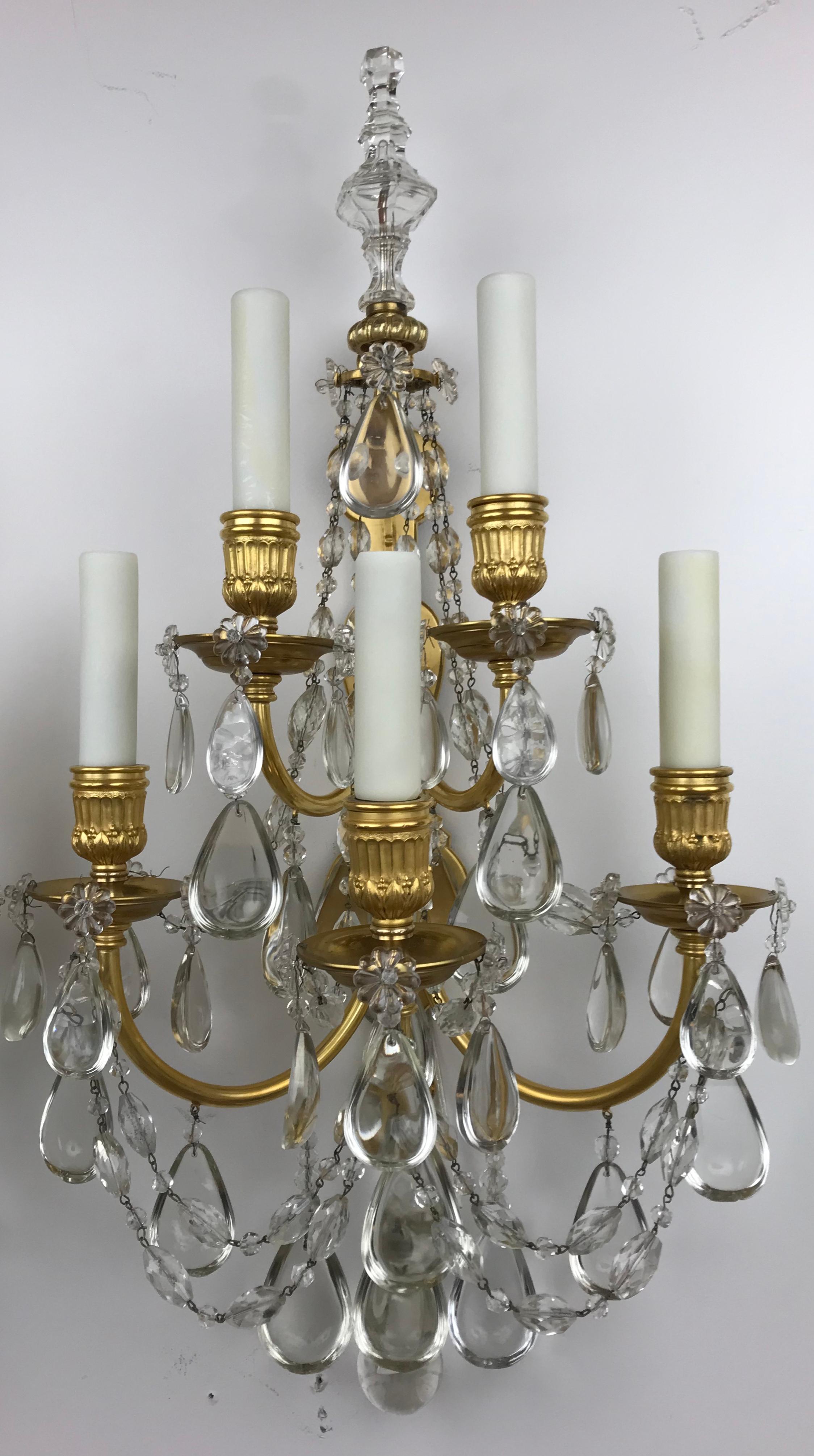 Pair Gilt Bronze and Crystal Five Light Sconces by E. F. Caldwell In Good Condition For Sale In Pittsburgh, PA
