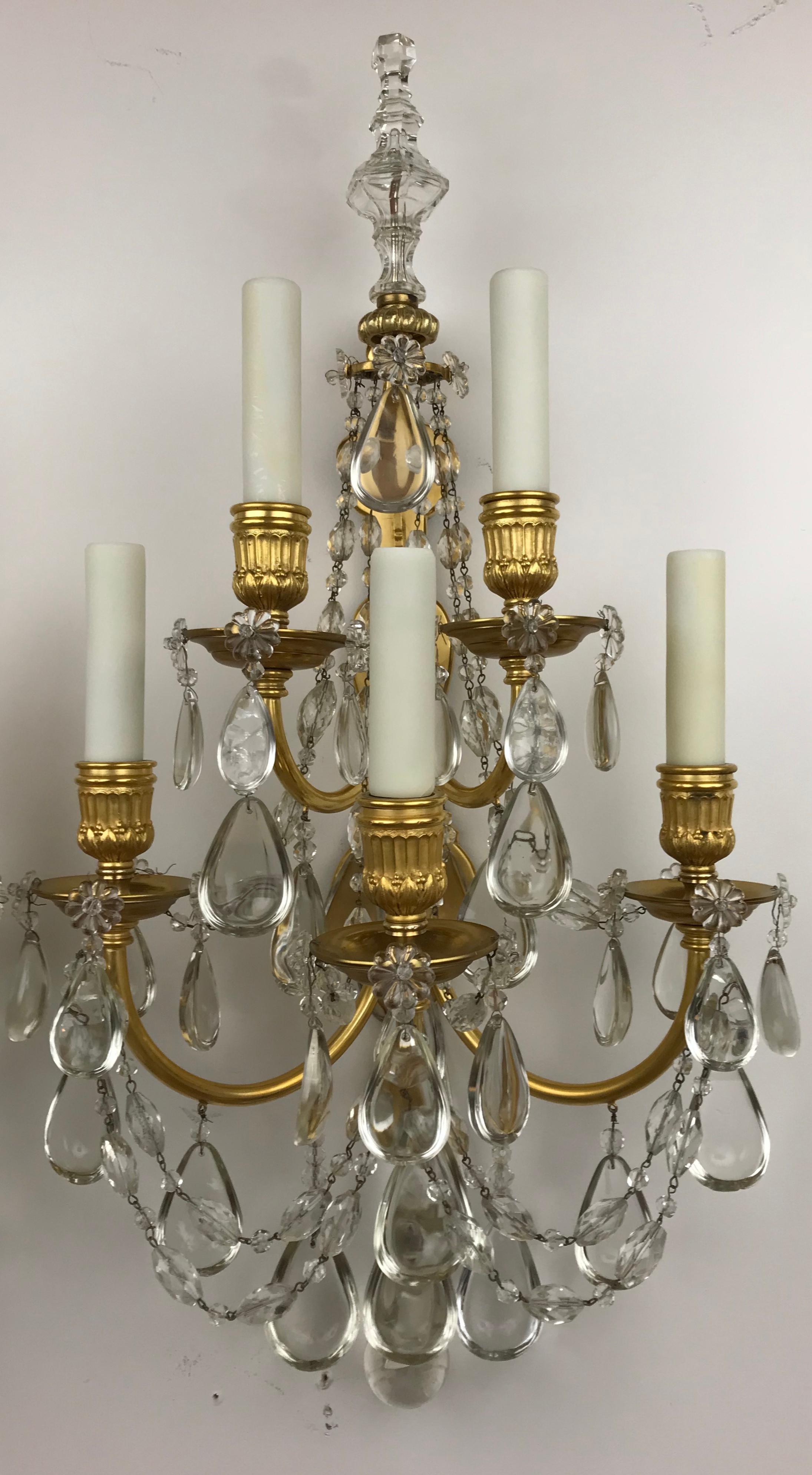 Early 20th Century Pair Gilt Bronze and Crystal Five Light Sconces by E. F. Caldwell For Sale