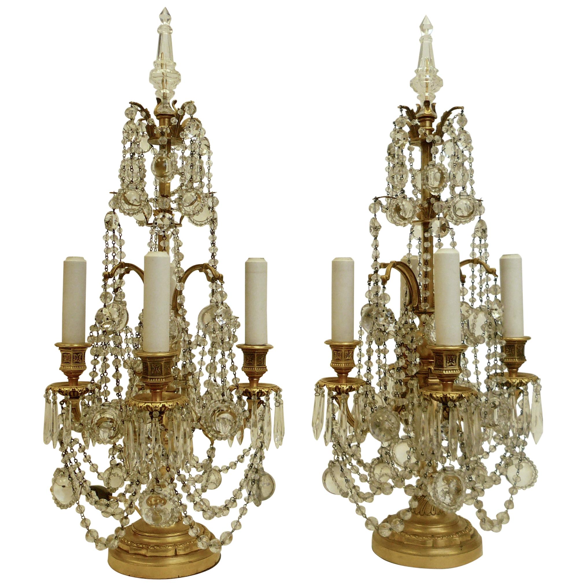 Pair Gilt Bronze and Crystal Girandole or Candelabra Lamps by E. F. Caldwell