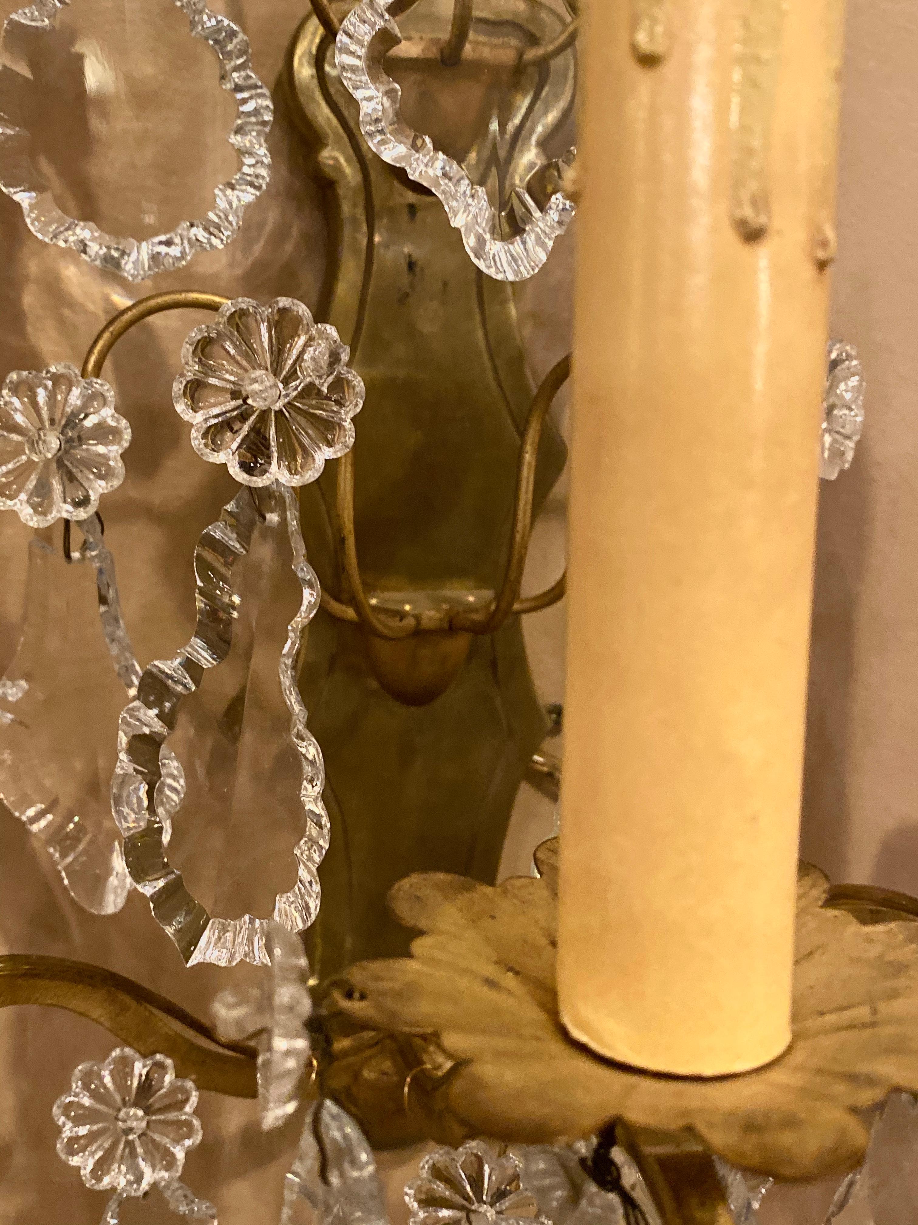 Gilt Bronze and Crystal Three-Light Wall Sconces French Early 20th Century, Pair 1
