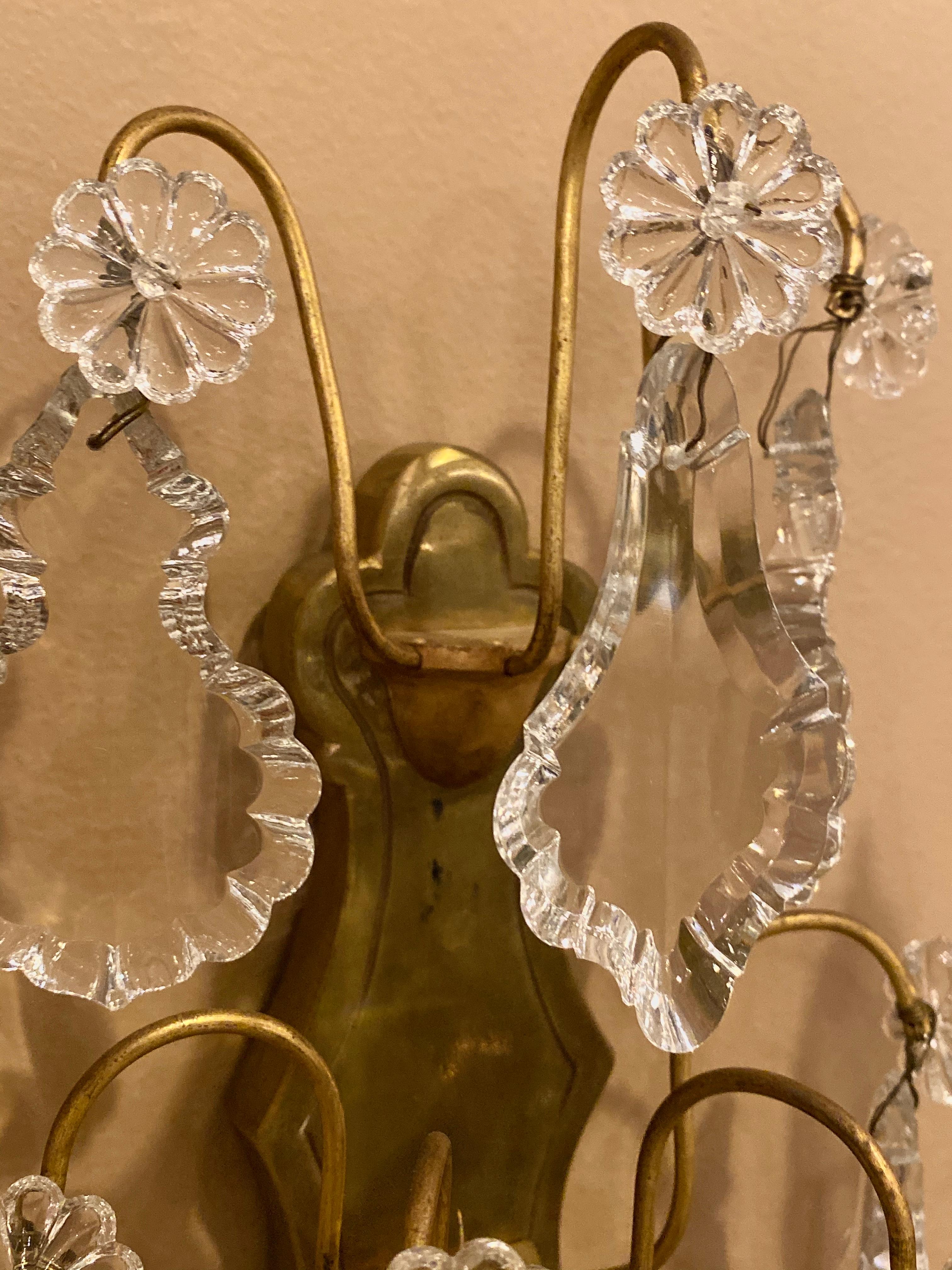 Gilt Bronze and Crystal Three-Light Wall Sconces French Early 20th Century, Pair For Sale 5