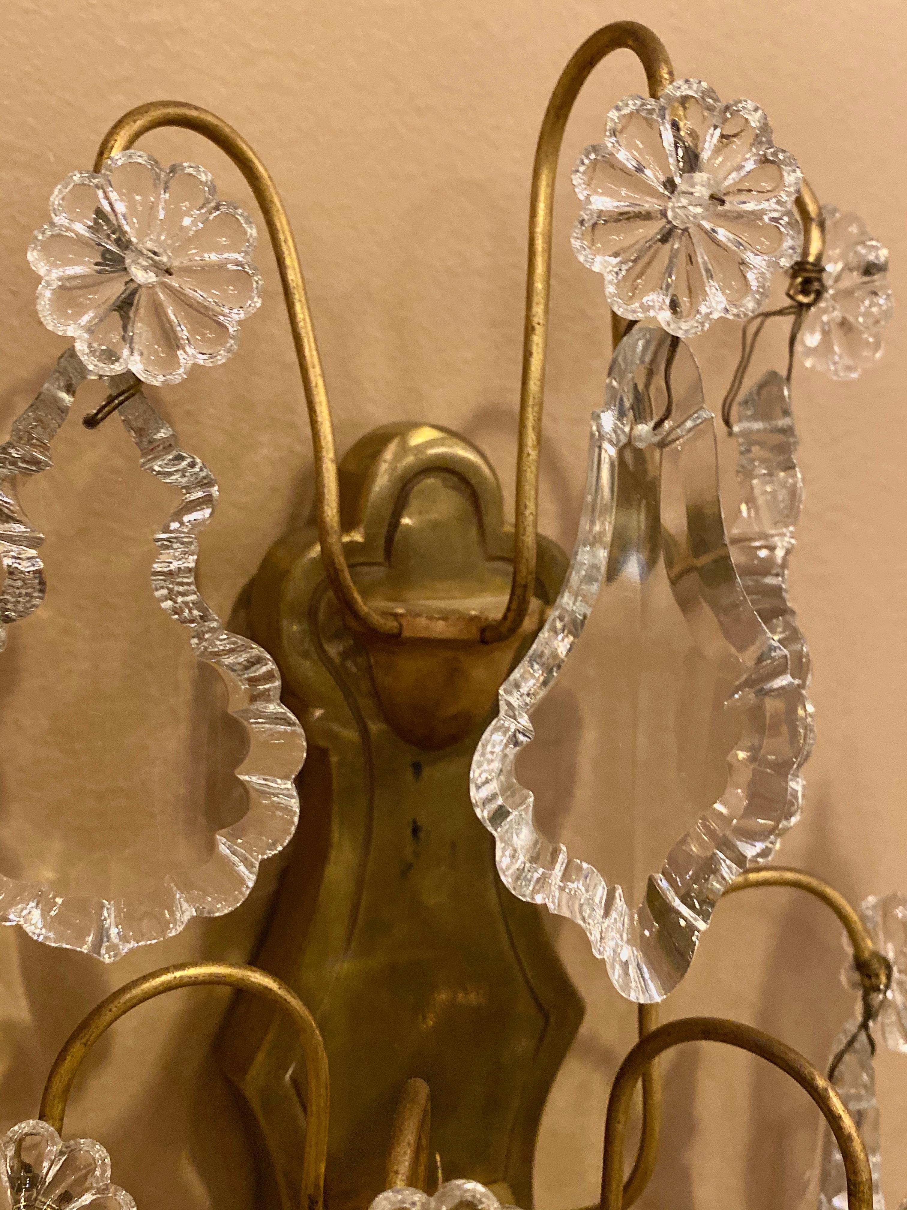 Gilt Bronze and Crystal Three-Light Wall Sconces French Early 20th Century, Pair 5