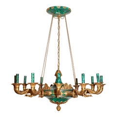 Pair of Gilt Bronze and Malachite Empire Style 12-Light Chandeliers