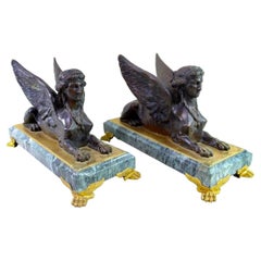 Pair Gilt Bronze and Marble Egyptian Sphinx