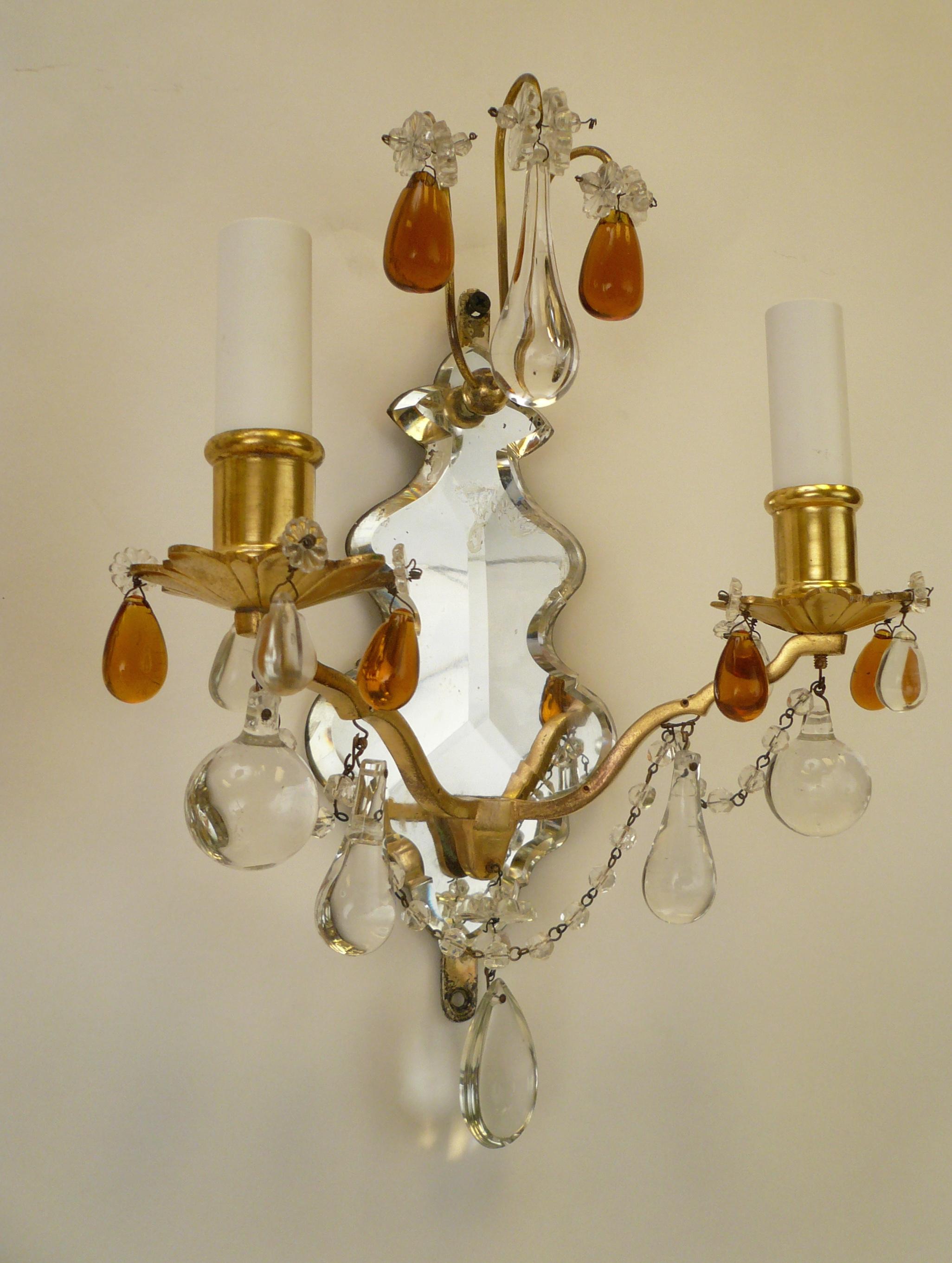 Pair of Gilt Bronze and Mirror Back Sconces with Clear and Amber Crystal Prisms 4
