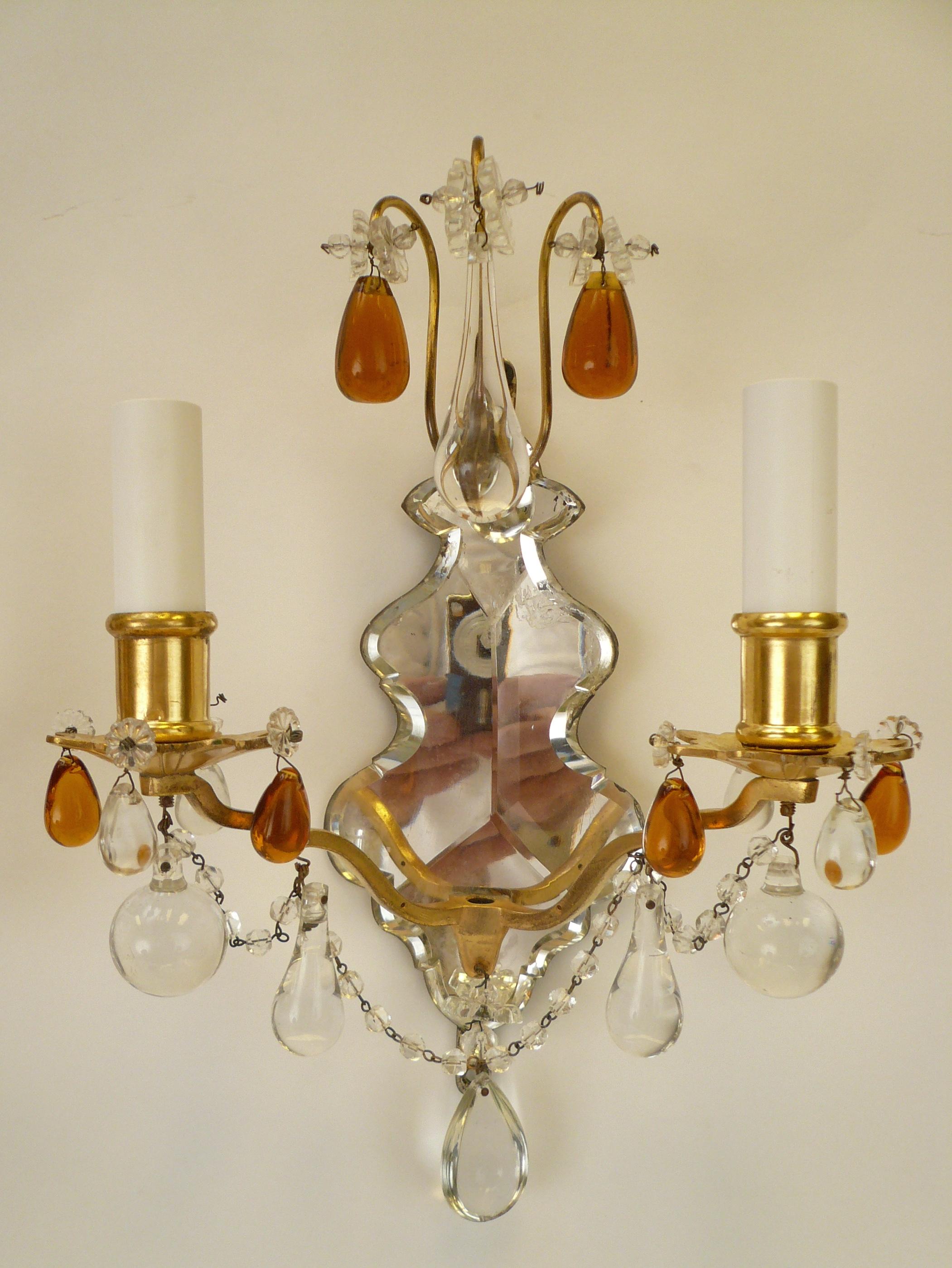 Pair of Gilt Bronze and Mirror Back Sconces with Clear and Amber Crystal Prisms 5