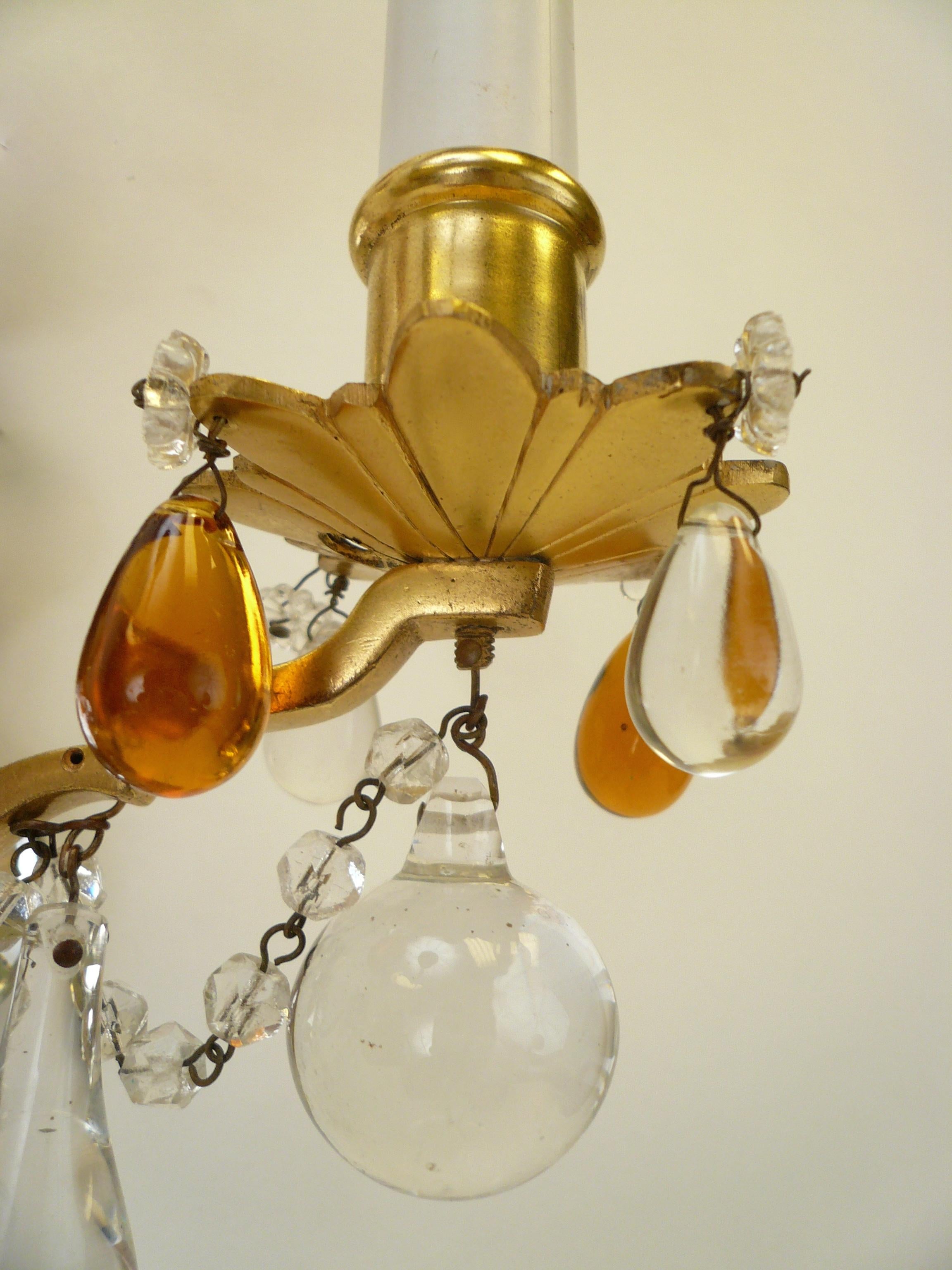 Pair of Gilt Bronze and Mirror Back Sconces with Clear and Amber Crystal Prisms 6
