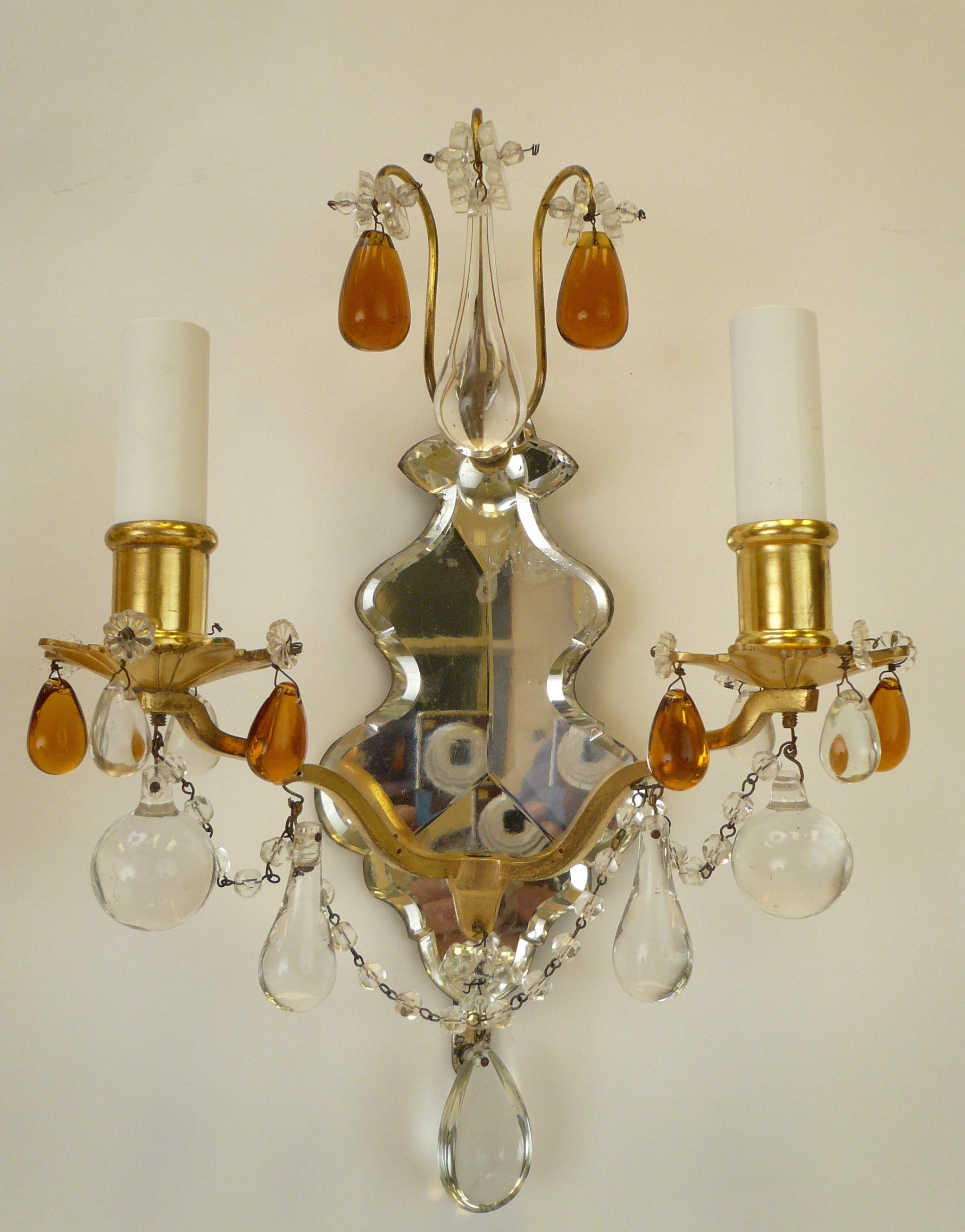 Louis XV Pair of Gilt Bronze and Mirror Back Sconces with Clear and Amber Crystal Prisms