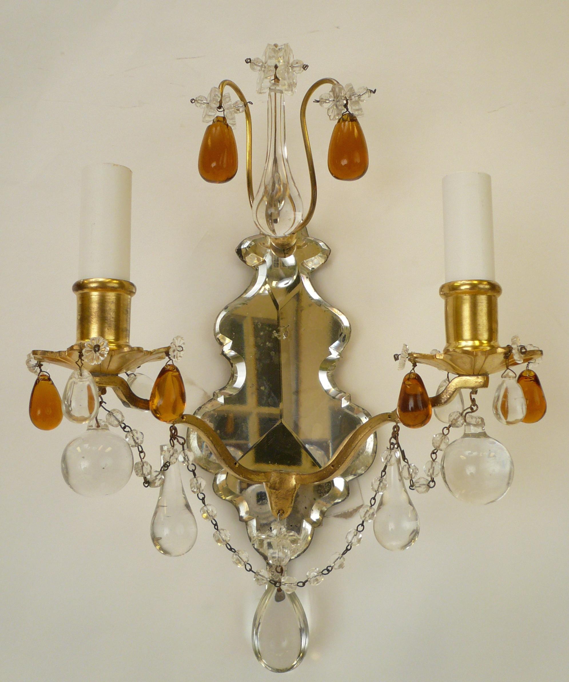French Pair of Gilt Bronze and Mirror Back Sconces with Clear and Amber Crystal Prisms