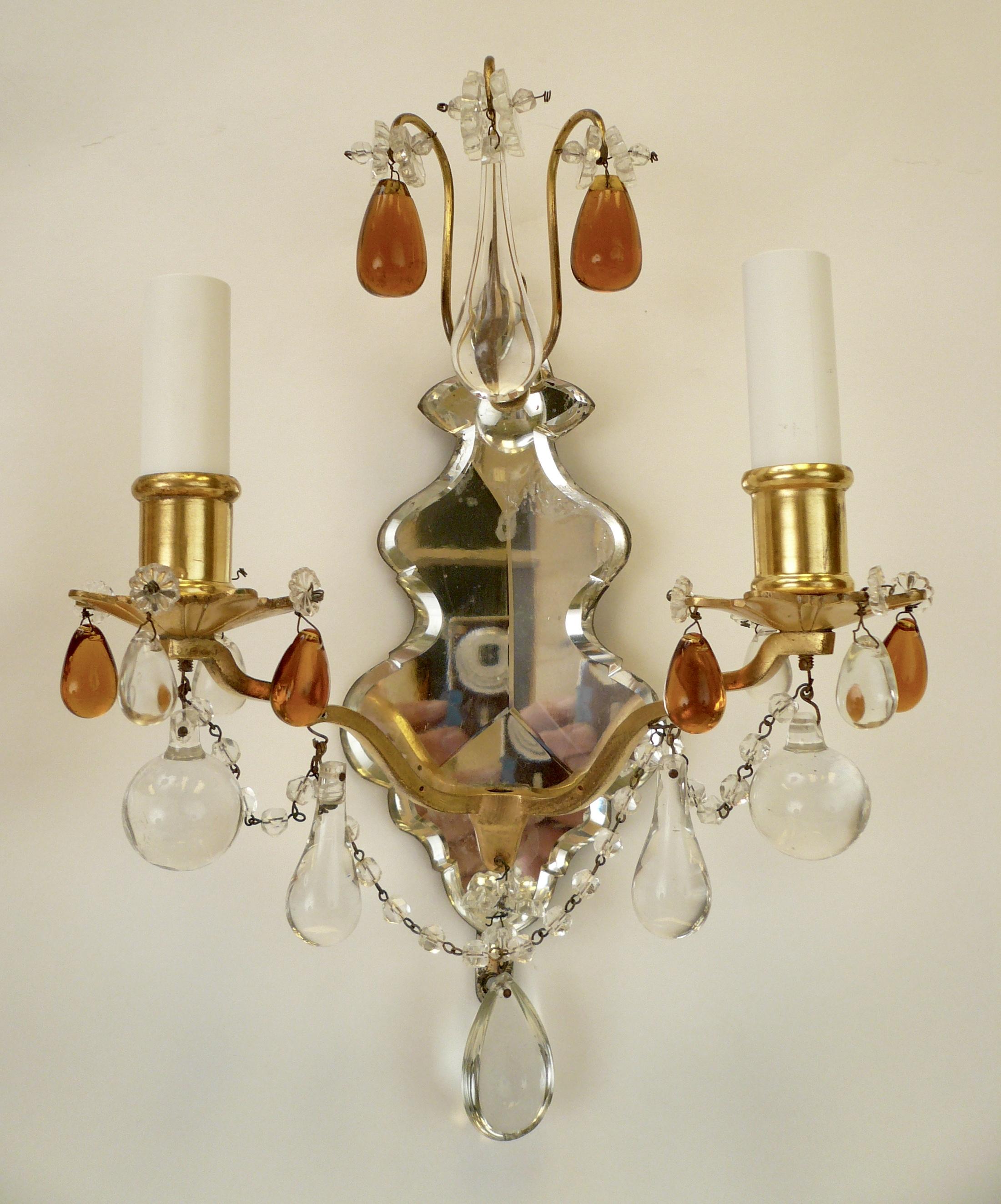 Pair of Gilt Bronze and Mirror Back Sconces with Clear and Amber Crystal Prisms In Good Condition In Pittsburgh, PA
