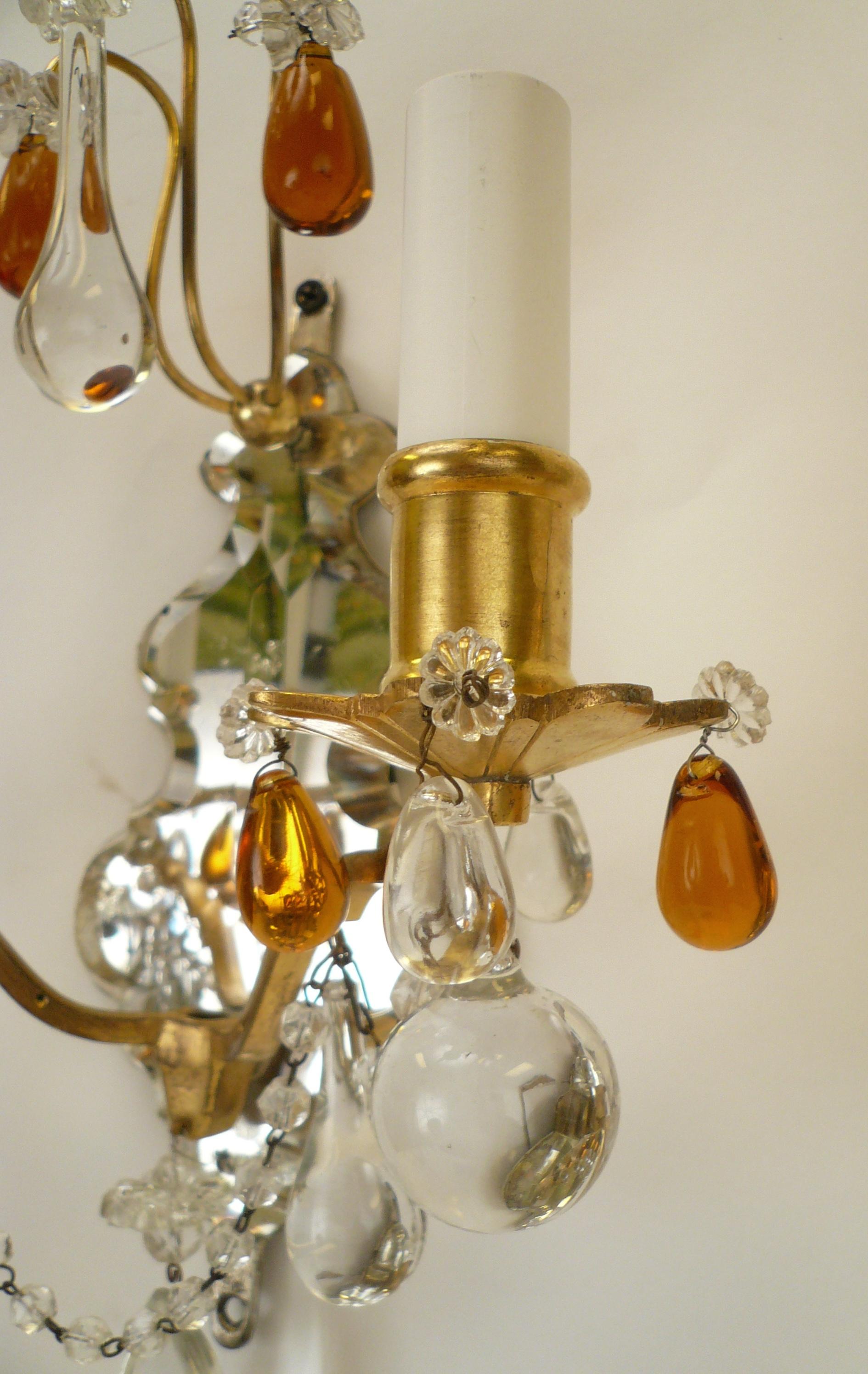 Pair of Gilt Bronze and Mirror Back Sconces with Clear and Amber Crystal Prisms 1