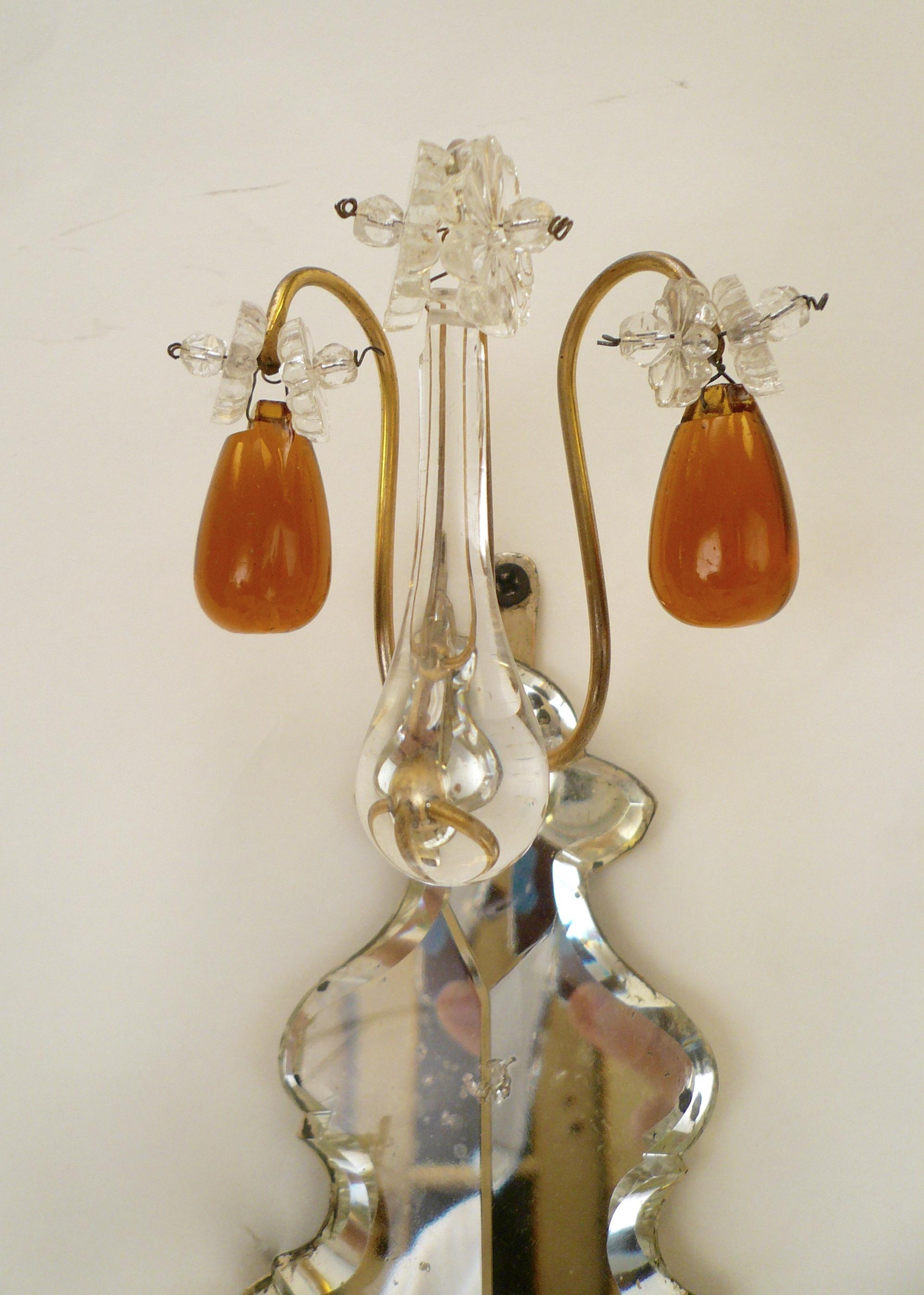 Pair of Gilt Bronze and Mirror Back Sconces with Clear and Amber Crystal Prisms 2