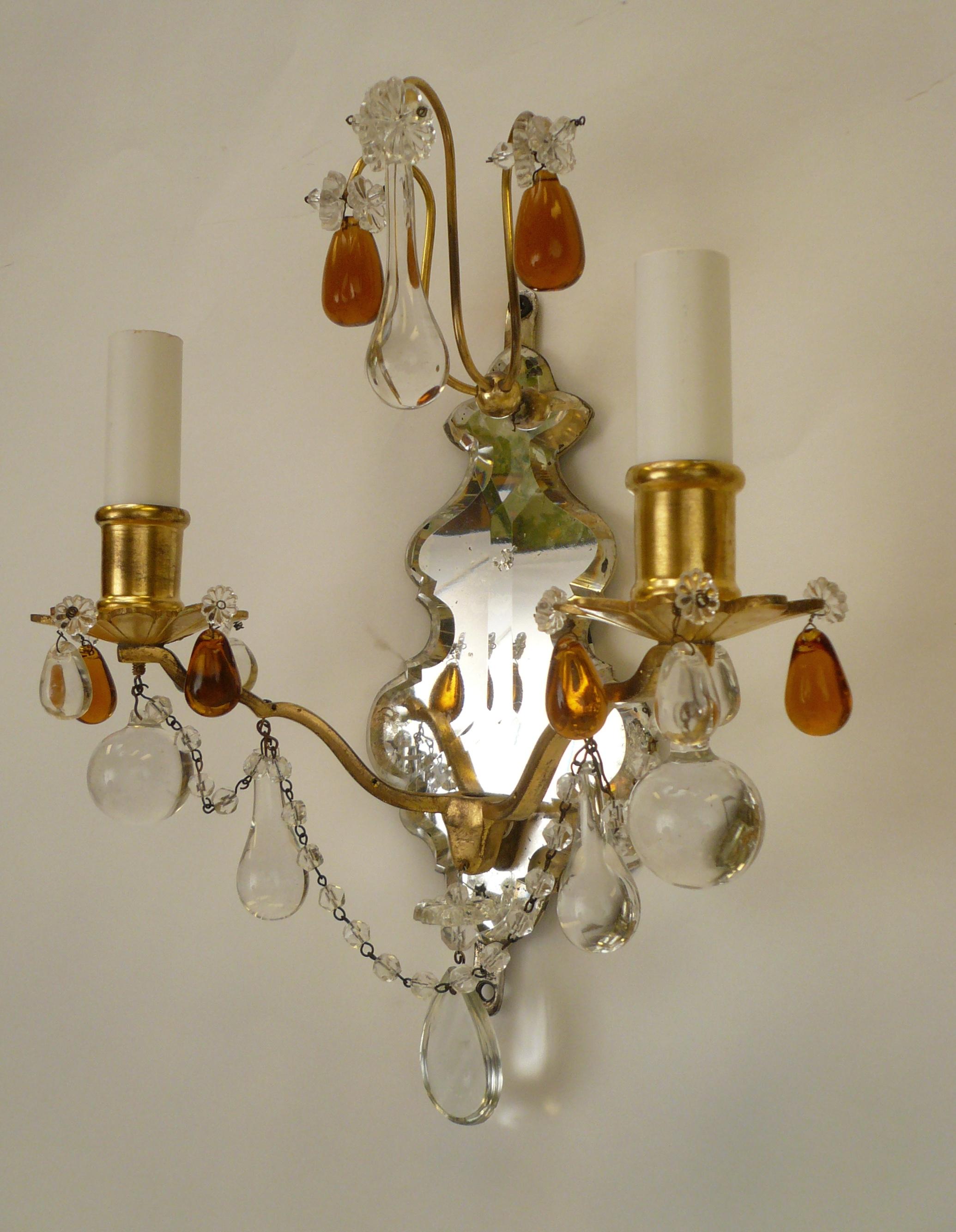 Pair of Gilt Bronze and Mirror Back Sconces with Clear and Amber Crystal Prisms 3