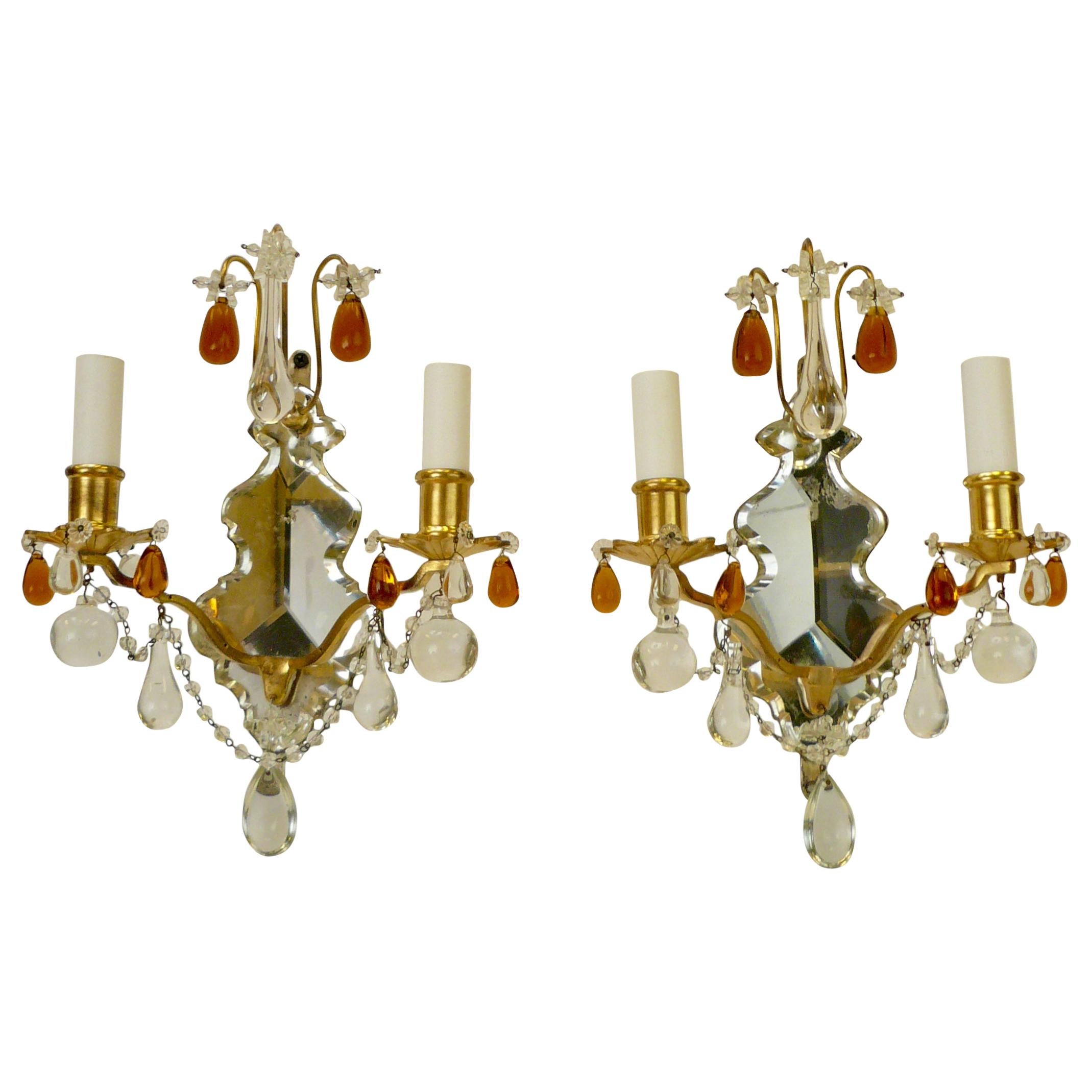 Pair of Gilt Bronze and Mirror Back Sconces with Clear and Amber Crystal Prisms