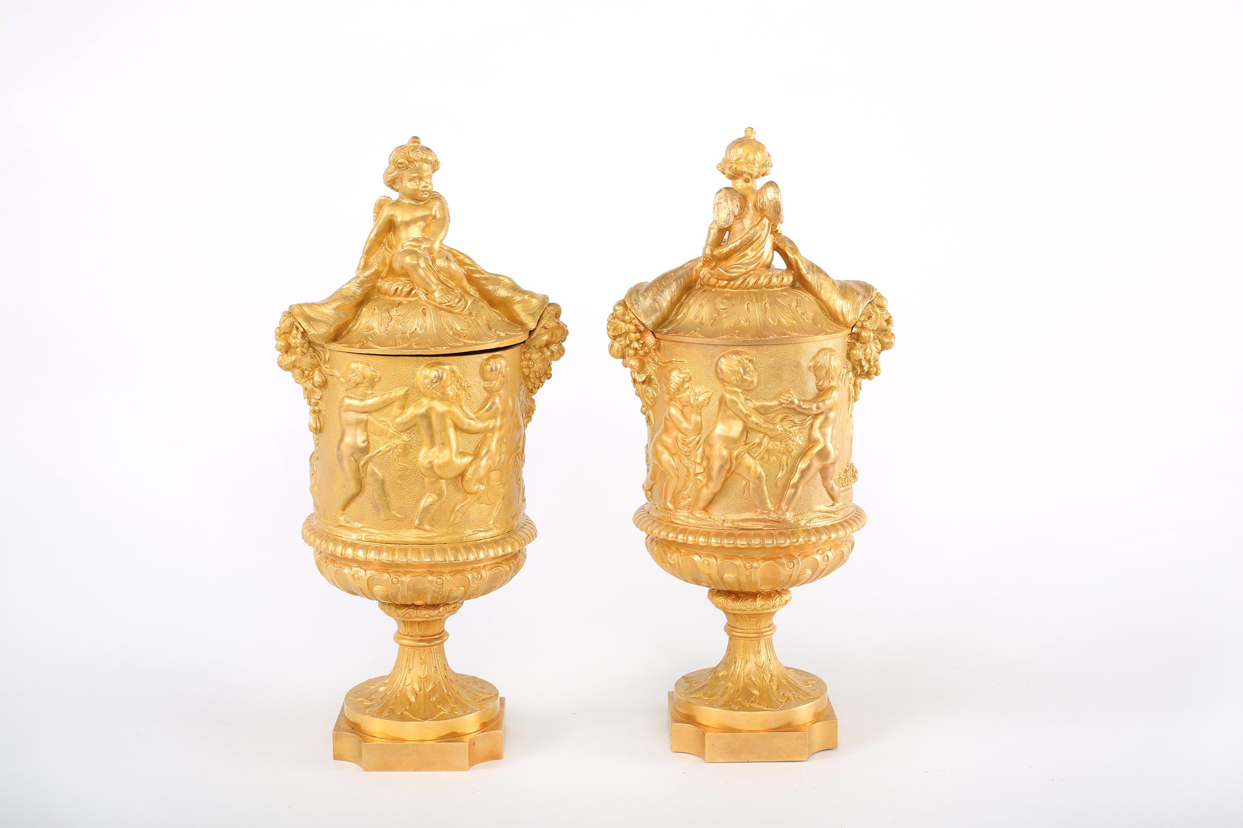 Pair Gilt Bronze Covered Decorative Urns For Sale 6