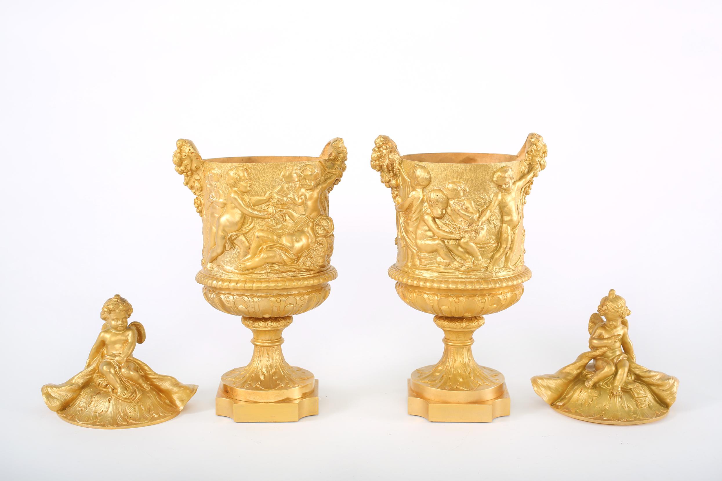 French Pair Gilt Bronze Covered Decorative Urns For Sale