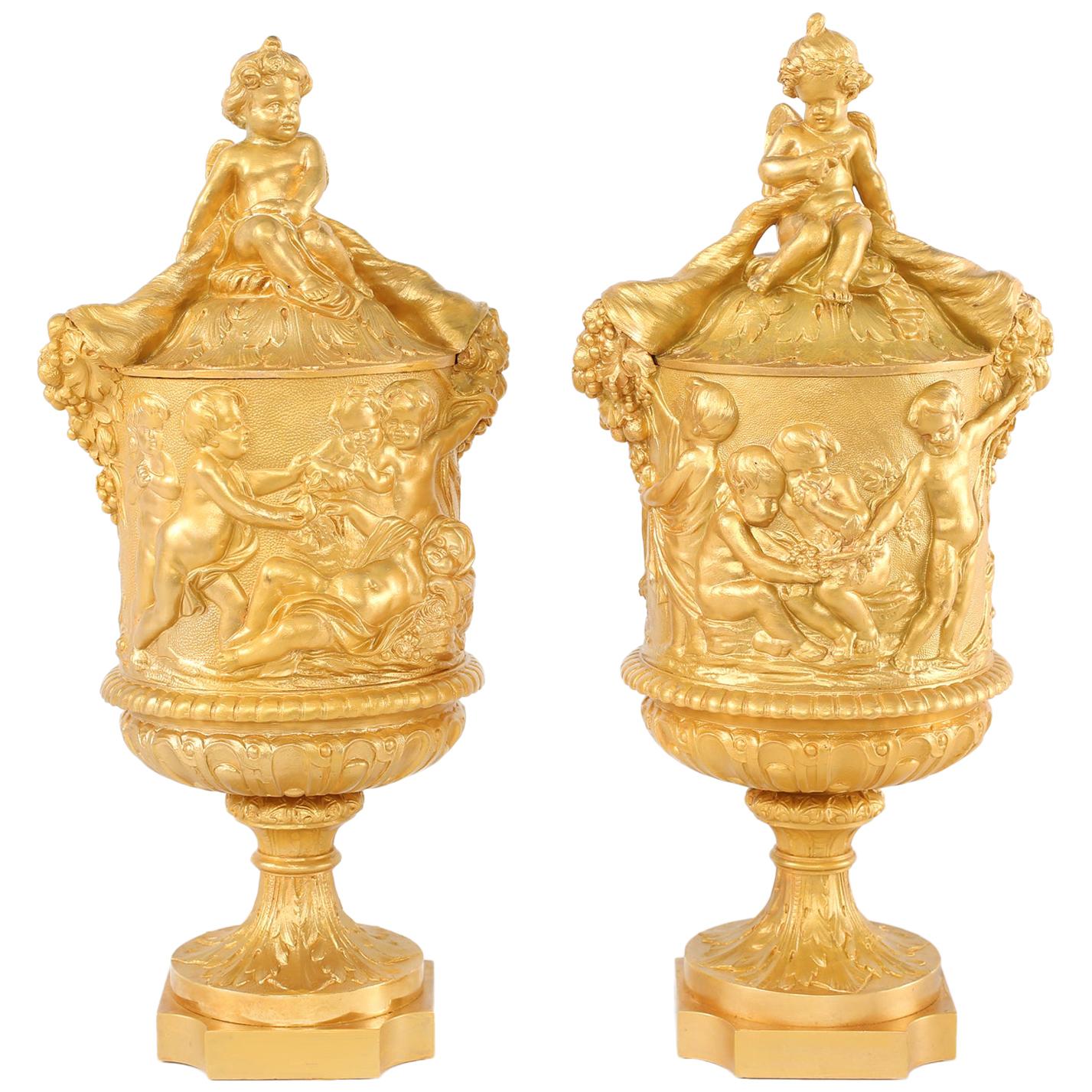 Pair Gilt Bronze Covered Decorative Urns For Sale