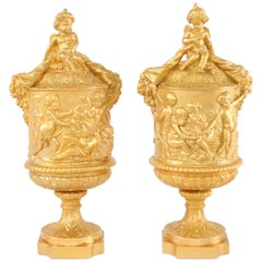 Pair Gilt Bronze Covered Decorative Urns
