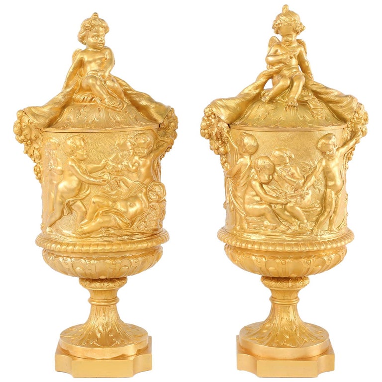 Pair Gilt Bronze Covered Decorative Urns For Sale at 1stDibs