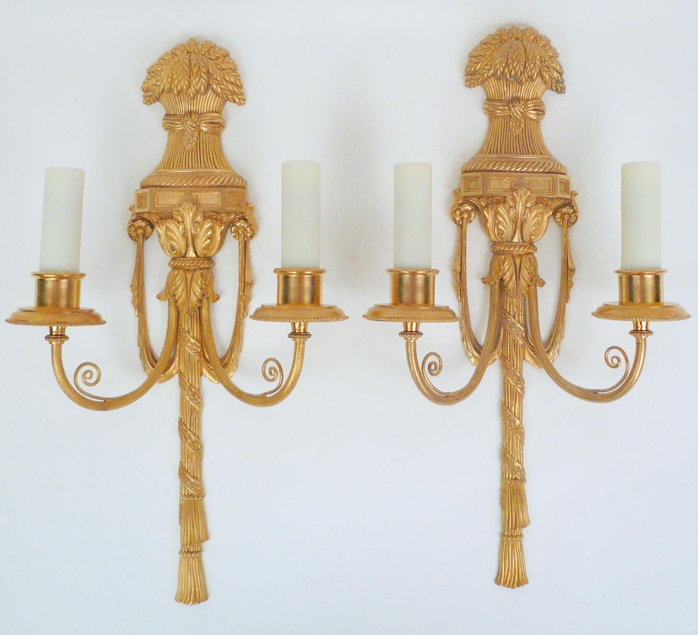 Neoclassical Pair Gilt Bronze Federal Style Neo-Classical Sconces by E. F. Caldwell For Sale